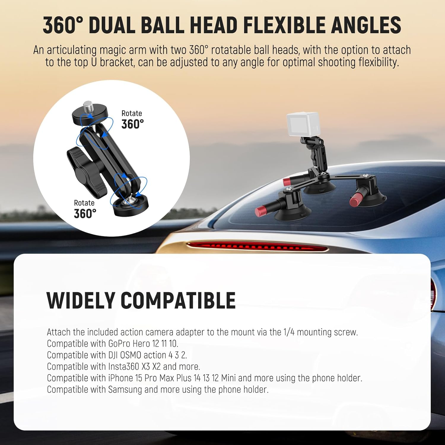 NEEWER Triple Suction Cup Camera Car Mount [Simplified] with Phone Holder & Action Camera Adapter Compatible with Iphone Gopro OSMO Action Pocket 4 3 2 Hero 13 12 11 10 Insta360 Samsung, CA067