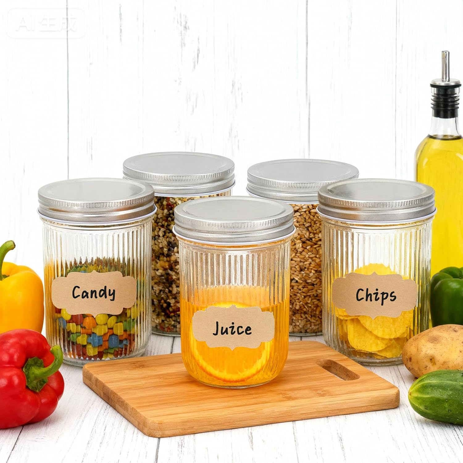 Acetiti 500Ml/17 Oz Glass Mason Jars with Silver Metal Lids, Set of 5 Vintage Wide Mouth Canning Jars with Labels for Overnight Oats, Food Storage, Jam, Honey, Pickling (500Ml-Vertical Stripes) image number 5