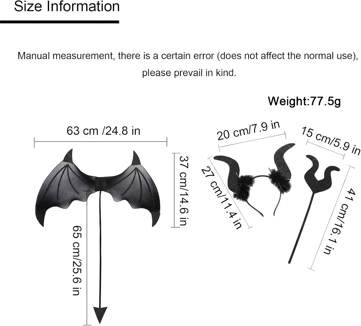 3 Piece Black Devil Wings Set, Halloween Party COS Costume Masquerade Suit with Wings, Pitchfork and Devil Horn Hoop Suitable for Both Adults and Children (Black)