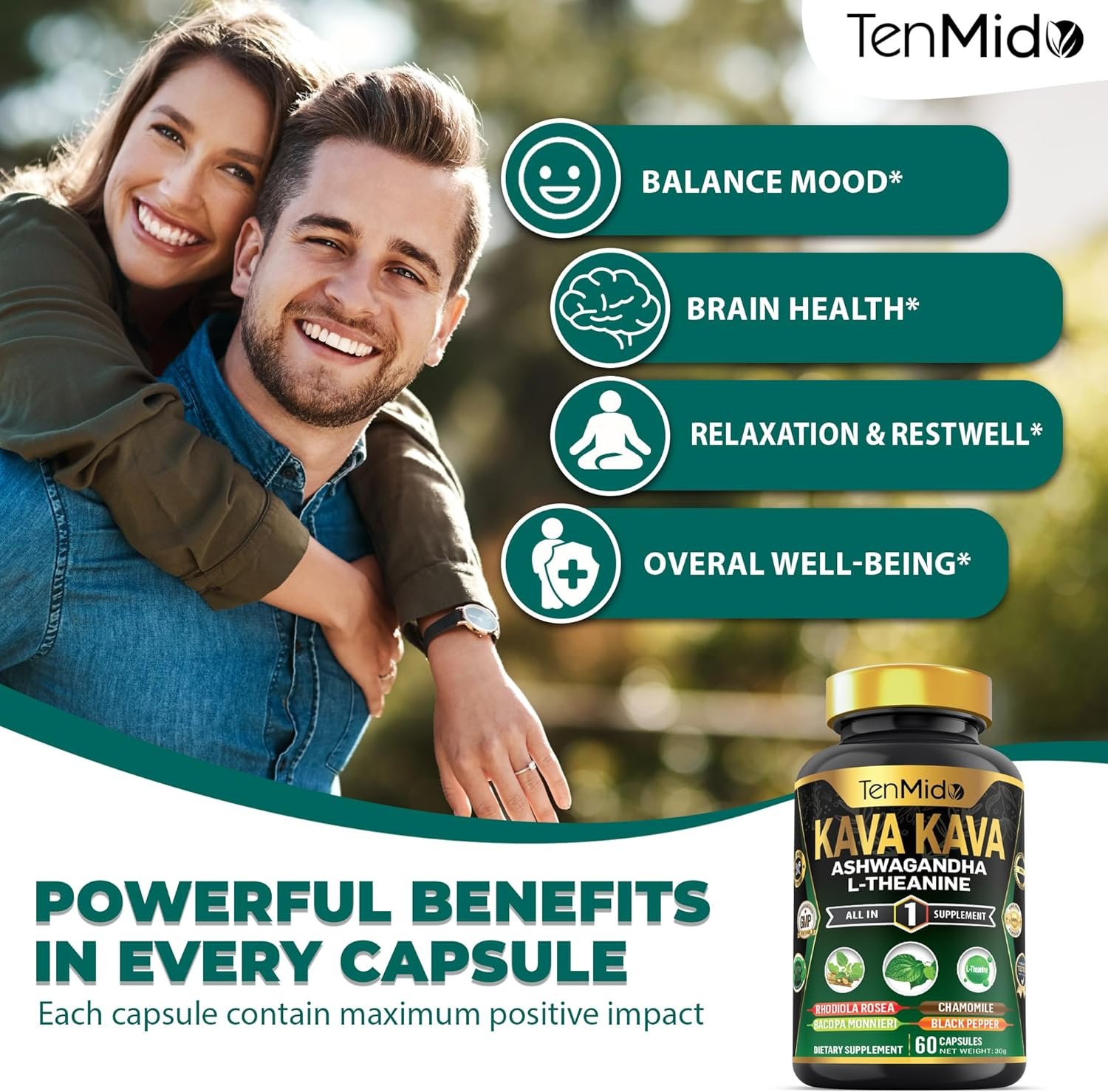 Kava Kava Supplement - 7In1 Blend with Ashwagandha, L-Theanine, Rhodiola, Bacopa & More - 60 Non-Gmo, Vegan Capsules image number 6