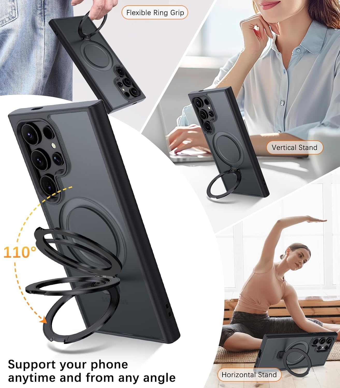 Telaso Case for Samsung S24 Ultra, Magnetic Translucent with Built-In Stash Stand Cover Compatible with Magsafe Shockproof Protective Phone Case with Hard Back TPU Cover for Samsung S24 Ultra, Black image number 1