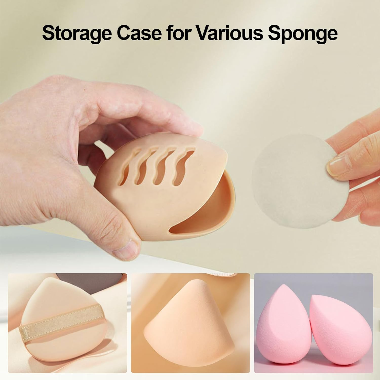 Reayou Silicone Makeup Sponges Case, 2 PCS Holder and Cleaner 2 in 1 for round Triangular Powder Puff, Travel Beauty Facial Blenders Pouch Cosmetic Bag Portable Wash Tools Home Salon Pink Beige image number 3