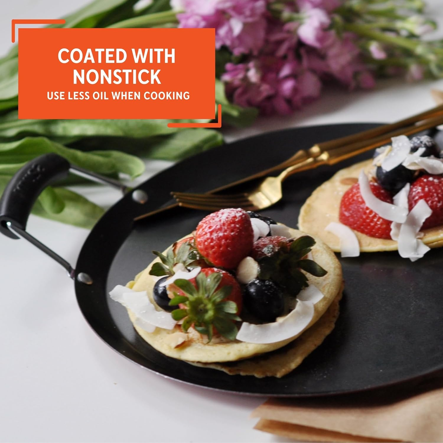 IMUSA USA, Black Carbon Steel Large round Comal with Bakelite Handles, 14"