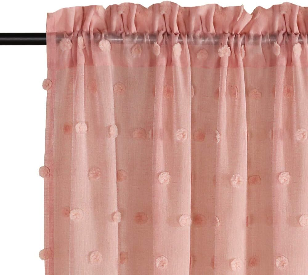 Smarcute Pom Pom Linen Textured Sheer Curtains for Bedroom Light Filtering Semi Sheer Rod Pocket Curtain & Drapes for Living Room, Nursery Room, Set of 2 Panels, (Coral Pink, 132 X 160 Cm) image number 1