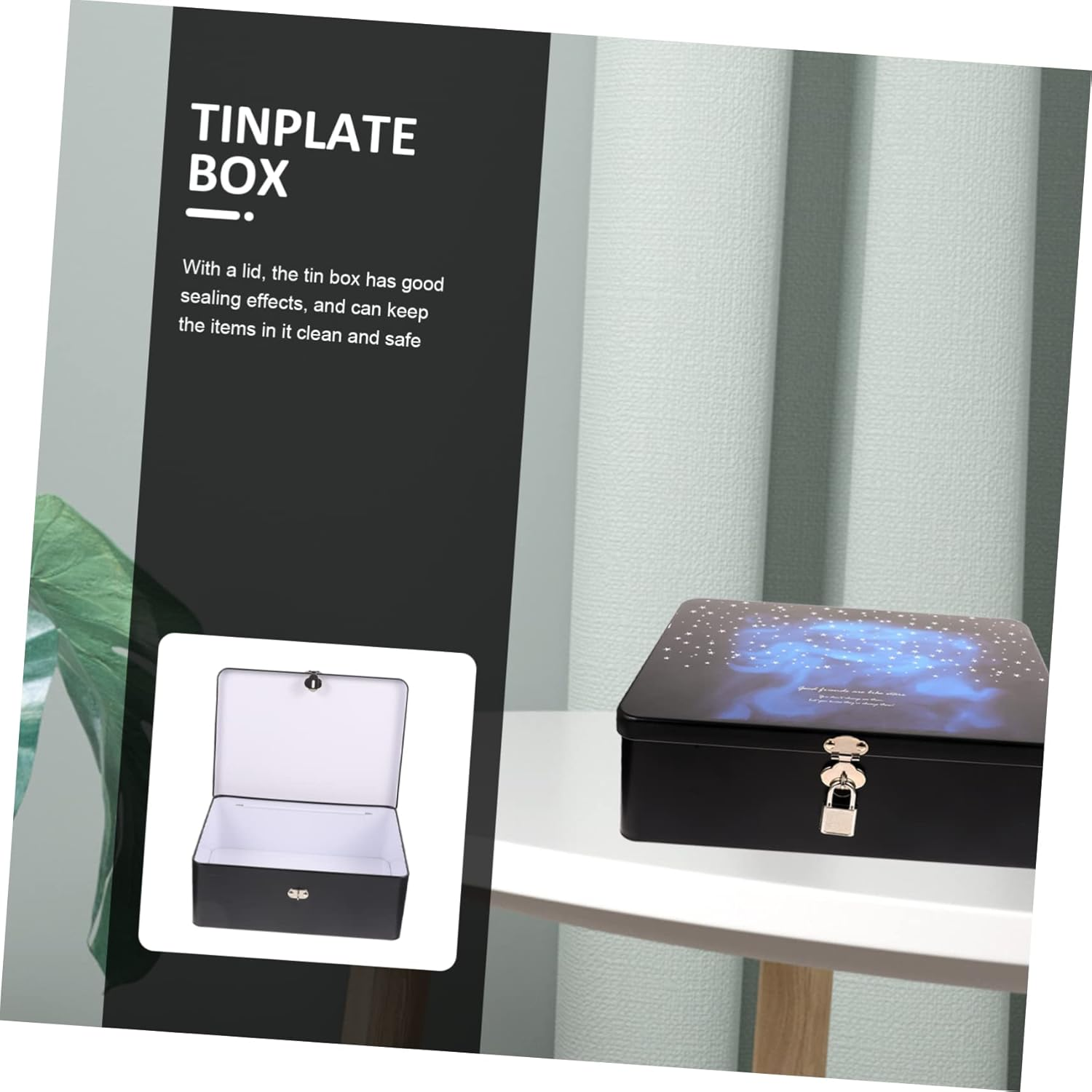 Vintage Large Tinplate Storage Box Lock and Key, Tinplate Container for Desktop Organization, Retro Metal Tin Case Suitable for Secure Storage and Small Items image number 2