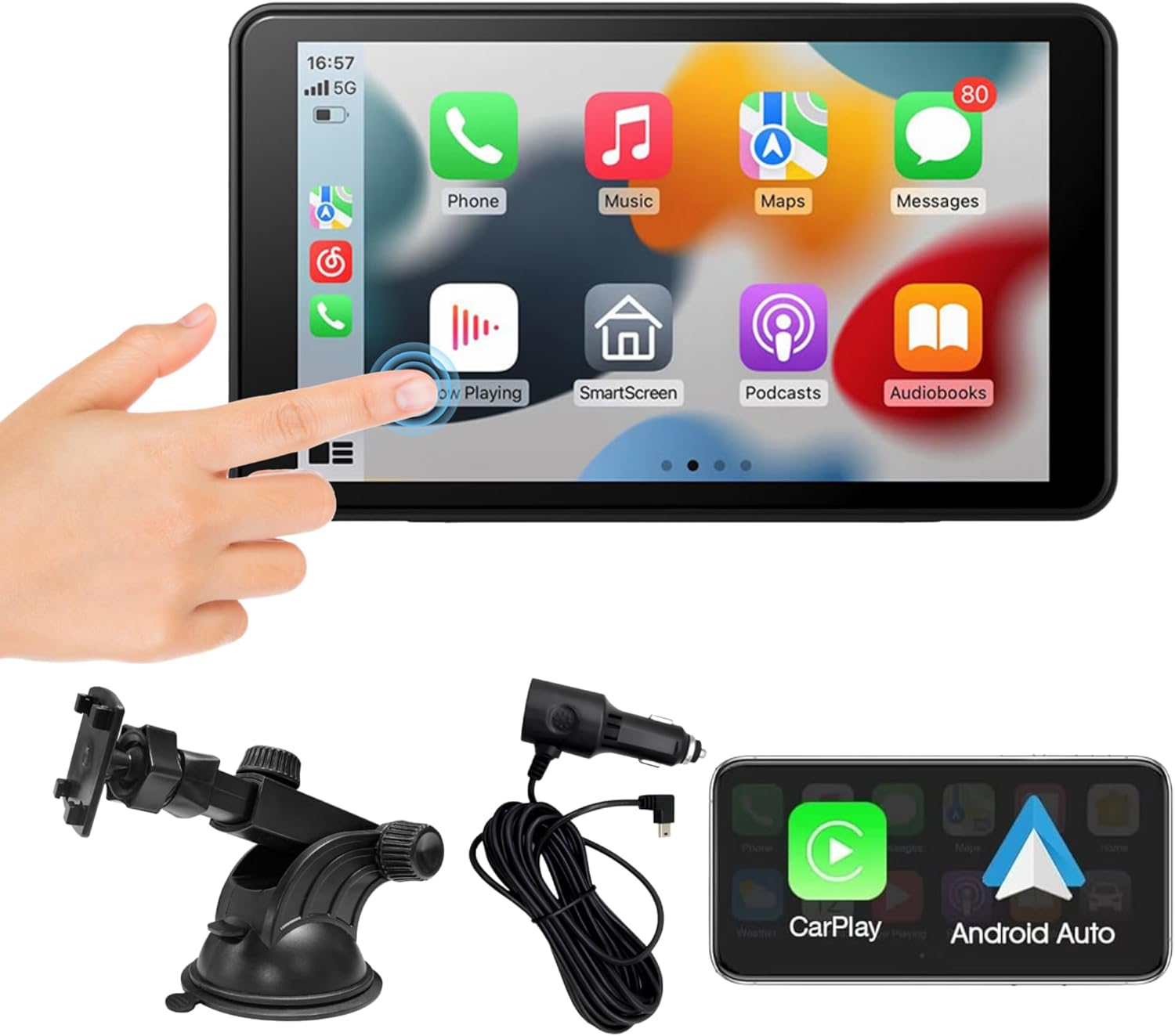 Laser 7-Inch Portable Wireless Carplay/Android Auto Touchscreen, Real-Time Navigation, Voice Control, Bluetooth and Wi-Fi, IPS Display - Supports Bluetooth Transmitter and Apple Carplay Integration