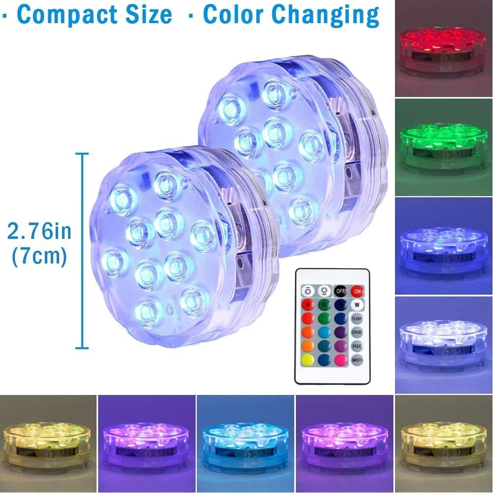 Hot Tub Submersible LED Pool Lights with Adhesive Back and Remote Control, RGB Color Battery-Powered Waterproof for Ponds, Decoration, Parties, Vase Bases, Spas, Aquariums (2-Pack)