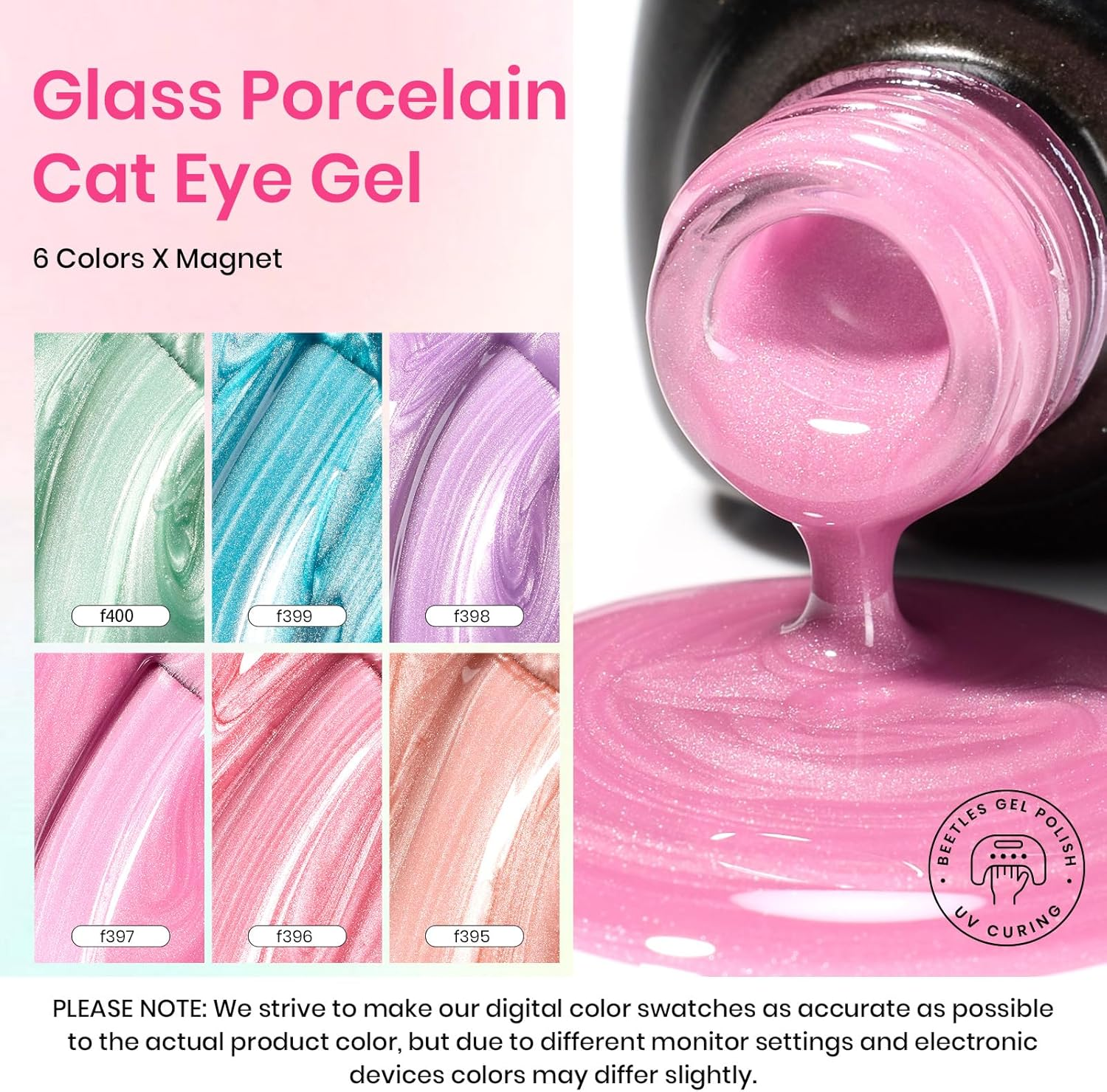 Beetles Cat Eye Gel Nail Polish Set, 6 Colors Pastel Shimmer Glitter Gel Polish Kit Soak off LED UV Curing Requires Pink Red Blue Orange Green Purple Velvet Gel with Magnet image number 1