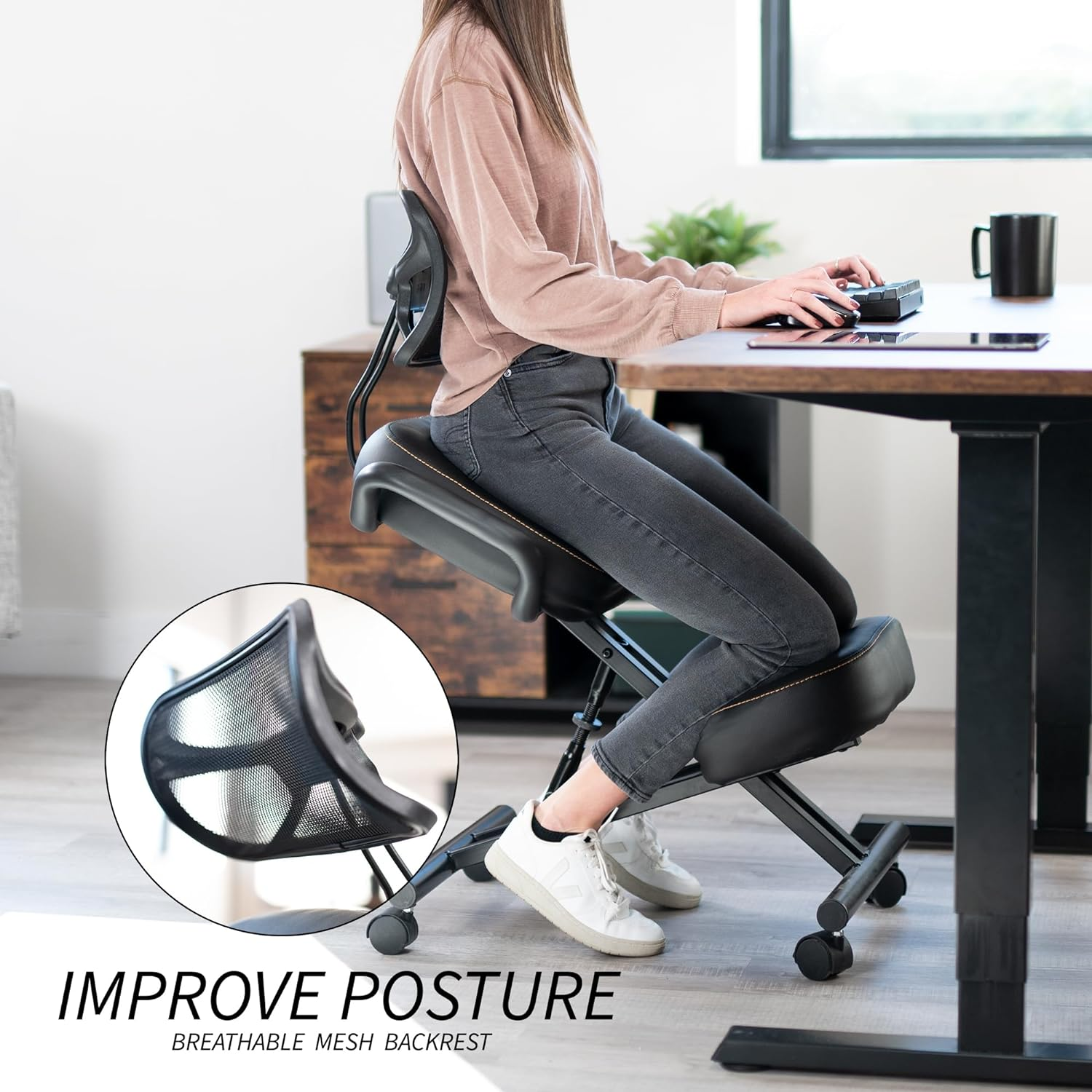 DRAGONN (By VIVO) Ergonomic Kneeling Chair with Back Support, Adjustable Stool for Home and Office with Angled Seat for Better Posture - Thick Comfortable Cushions, Black (DN-CH-K02B) image number 1
