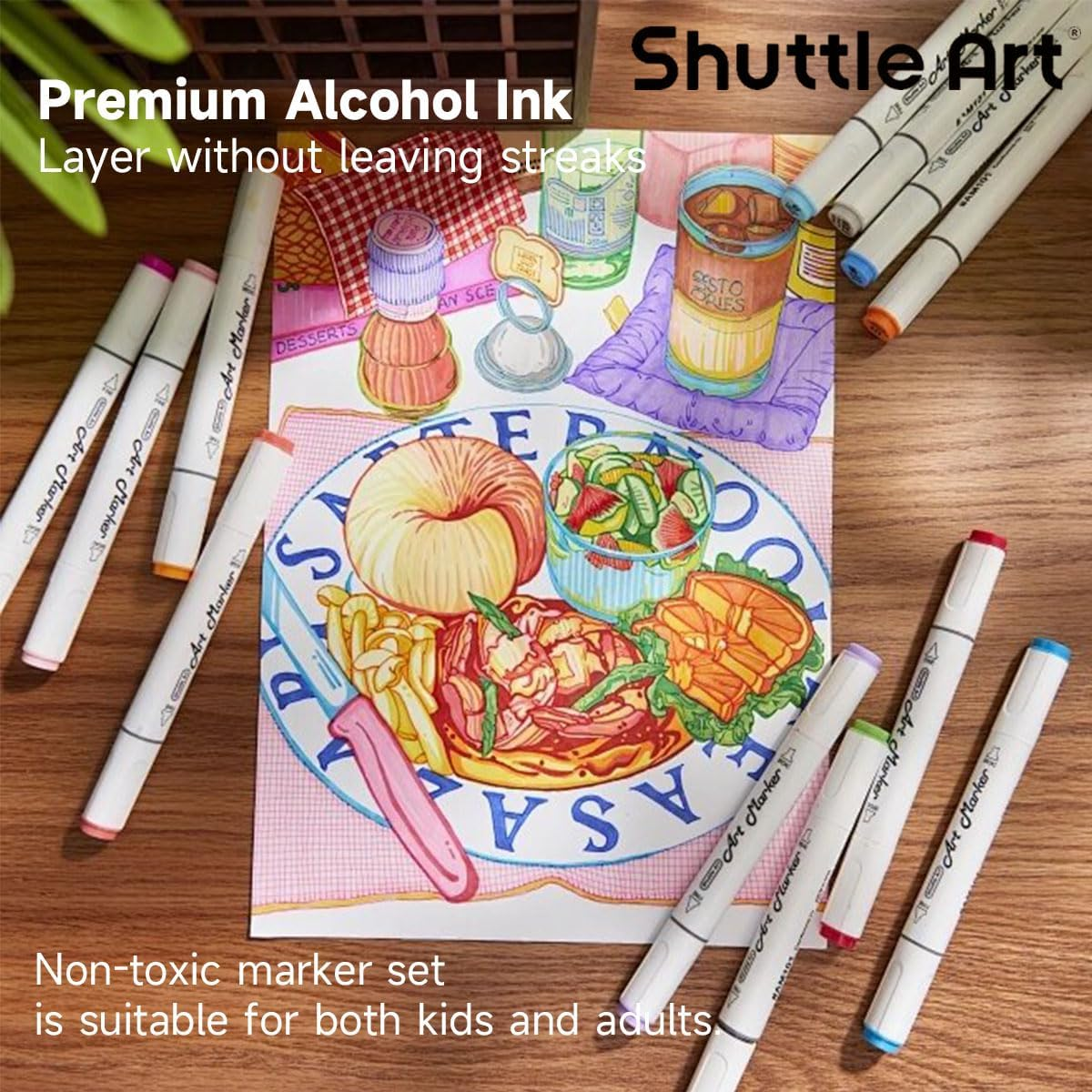 Shuttle Art Dual Tip Alcohol Based Art Markers, 50 Colours plus 1 Blender Permanent Marker with Case Perfect for Kids Adult Coloring Books Sketching Card Making image number 5
