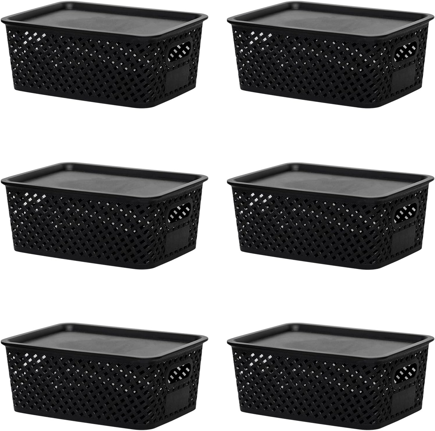 6-Pack Plastic Storage Baskets, Stackable Weave Baskets, Household Sundries Storage Baskets for Organizing Closets, Cabinets, Pantries, Shelves and Countertop Space (6 Pack-White-Plastic Lid)
