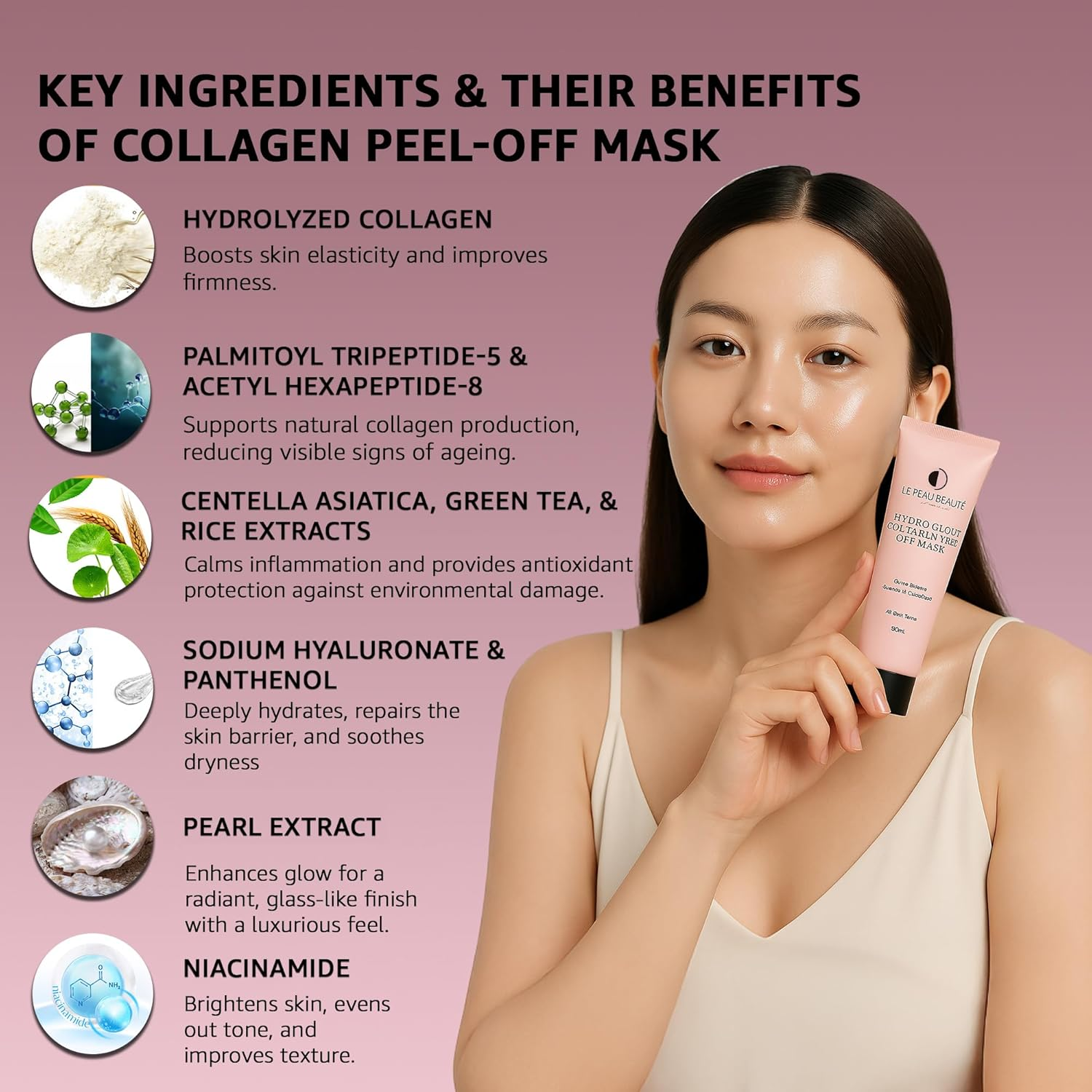 Le Peau Beaut&eacute; Hydraglow Collagen Peel-Off Mask &ndash; Firming, Brightening, Hydrating &ndash; Anti-Aging Face Mask with Collagen, Niacinamide, Hyaluronic Acid, Peptides image number 6