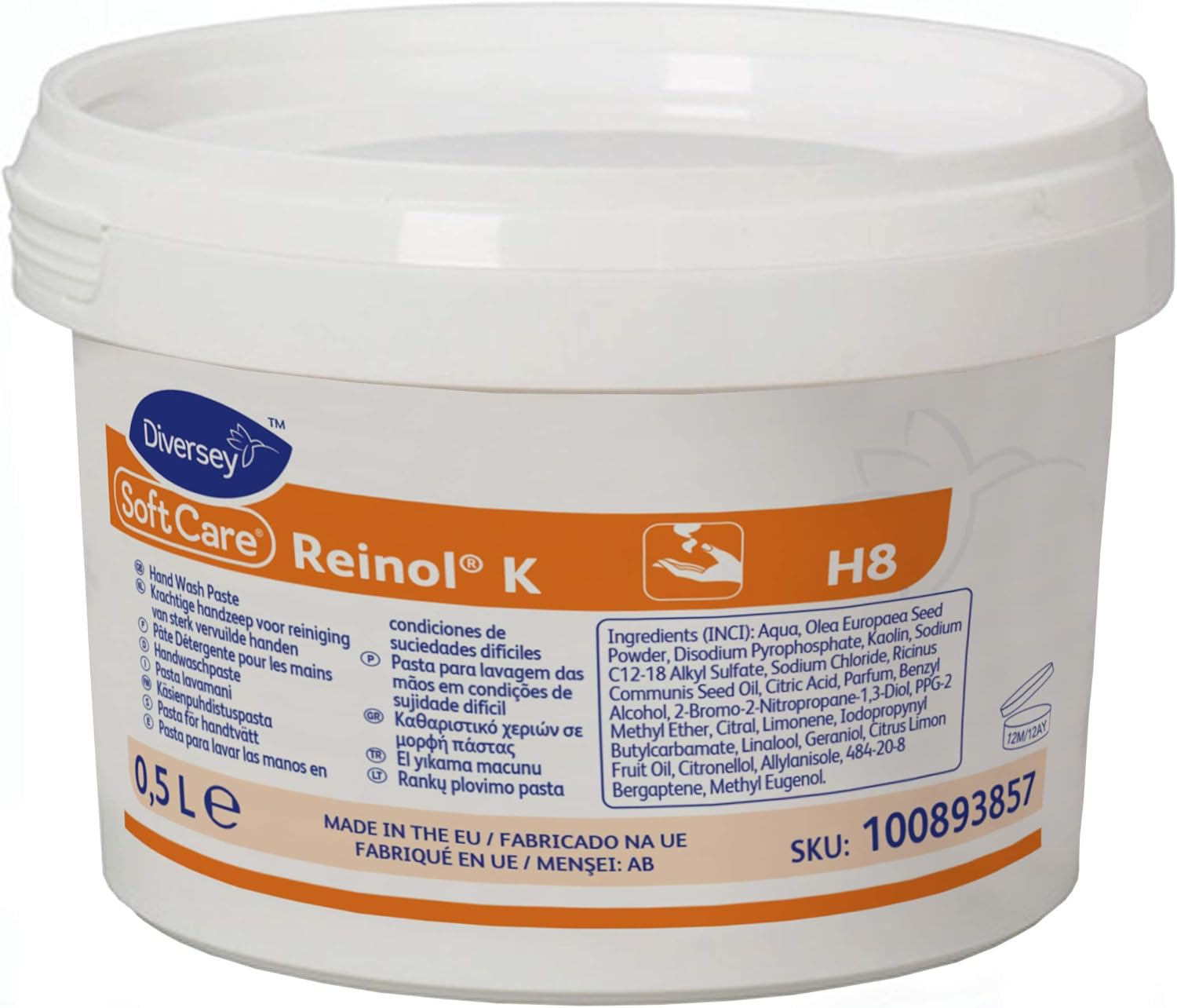 Diversey 100893857 Soft Care REINOL K Hand Wash Paste for Medium to Heavy Dirt 0.5 L