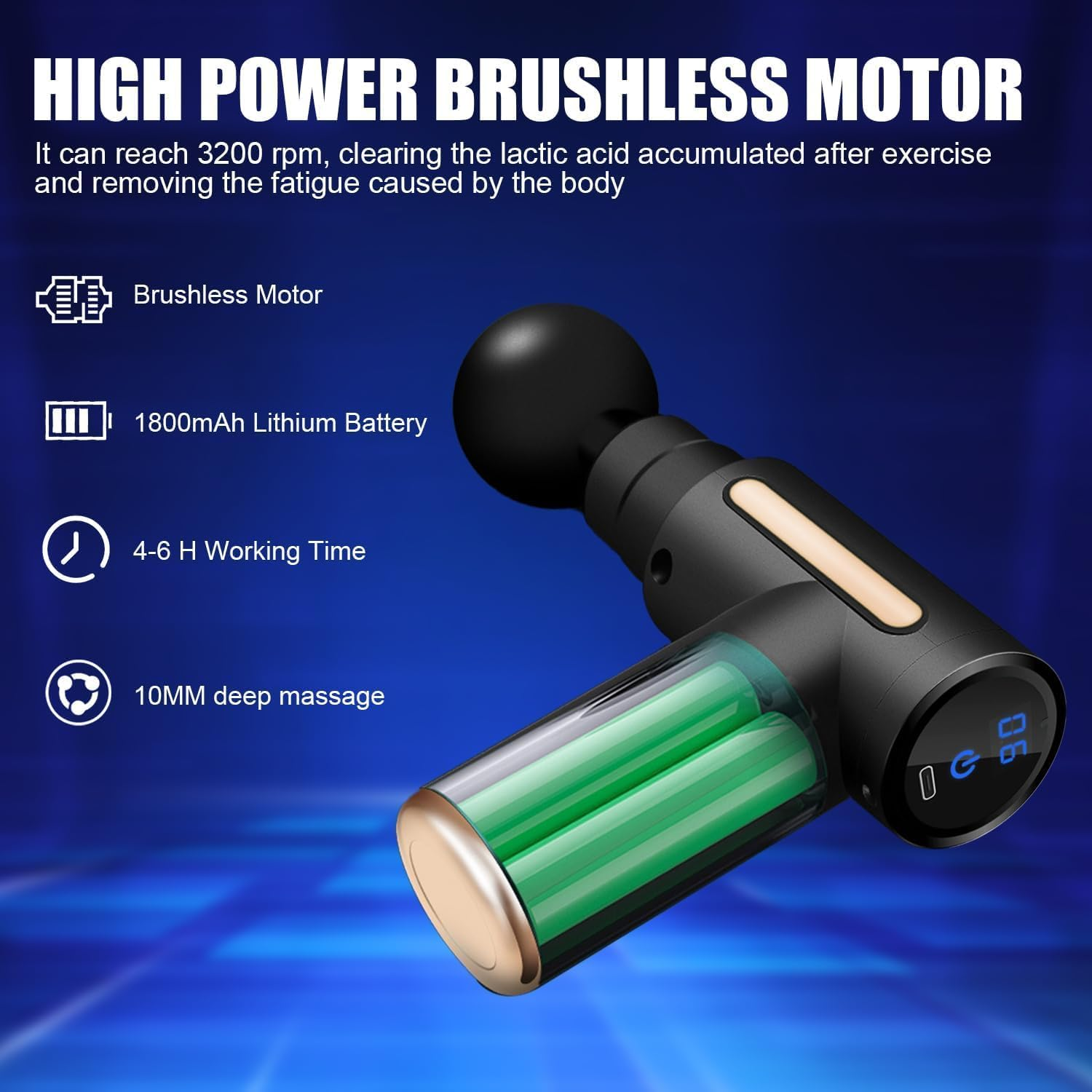 Fascia Gun, Powerful Percussion Massage Gun, Massage Gun with 6 Speed Levels, Type-C Charging, with LCD Display Touchscreen, Mini Massage Gun Portable for Pain Relief, Home and Office Use (Black) image number 6