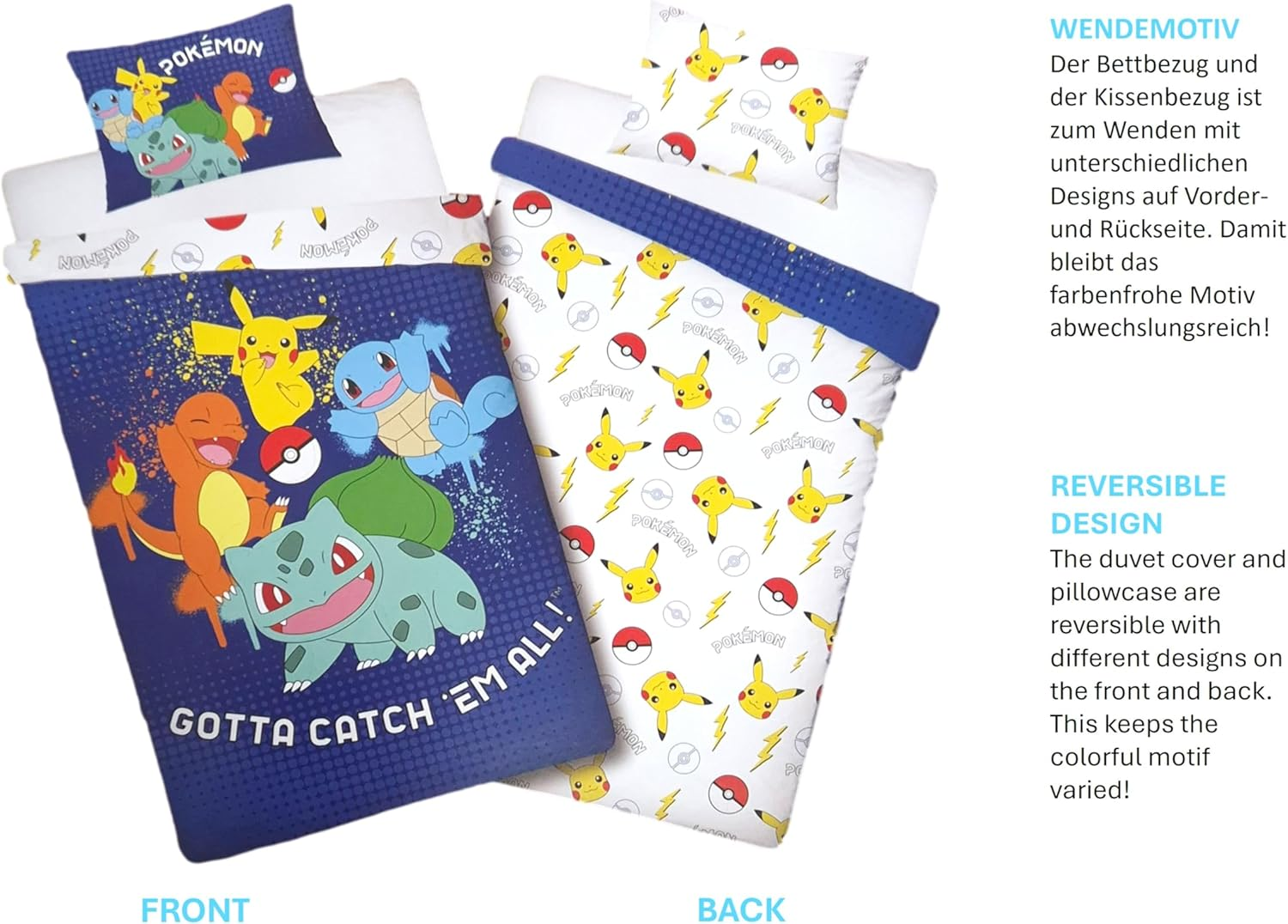 Children'S Reversible Bed Linen, Oeko-Tex Duvet Cover 140 X 200 Cm and Pillowcase 70 X 90 Cm, Pokemon with Pikachu, Glumanda, Sword Beetle and Bulbizarr image number 2