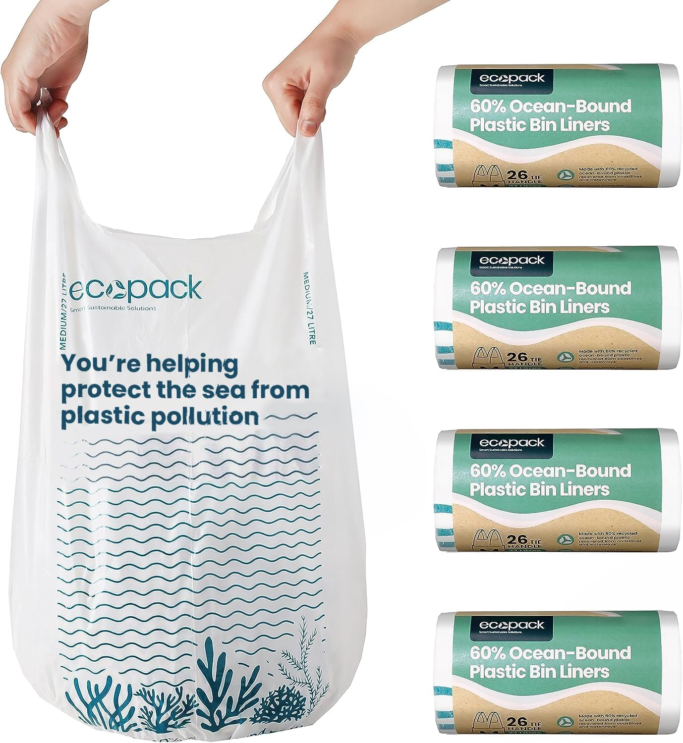 Ecopack 27L Medium Bin Bags with Handles,104 Bags (4 Rolls of 26 Bags Each) - Made Recycled Plastic Bin Bag/Bin Liner with Tie-Handles - Strong, Heavy Duty Rubbish Bag
