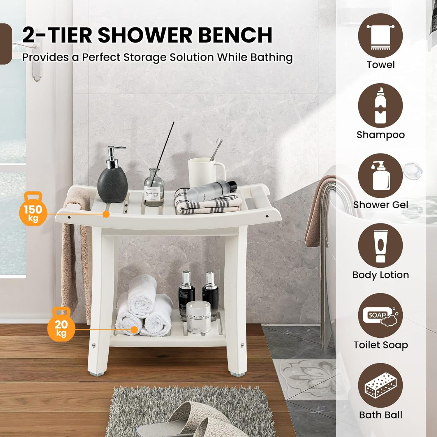 Costway 2-Tier Shower Bench, HDPE Spa Bath Shower Stool with Curved Seat, 2 Easy-To-Grip Handles, Storage Shelf & Non-Slip Foot Pads, Waterproof Shaving Stool for Bathroom, Living Room