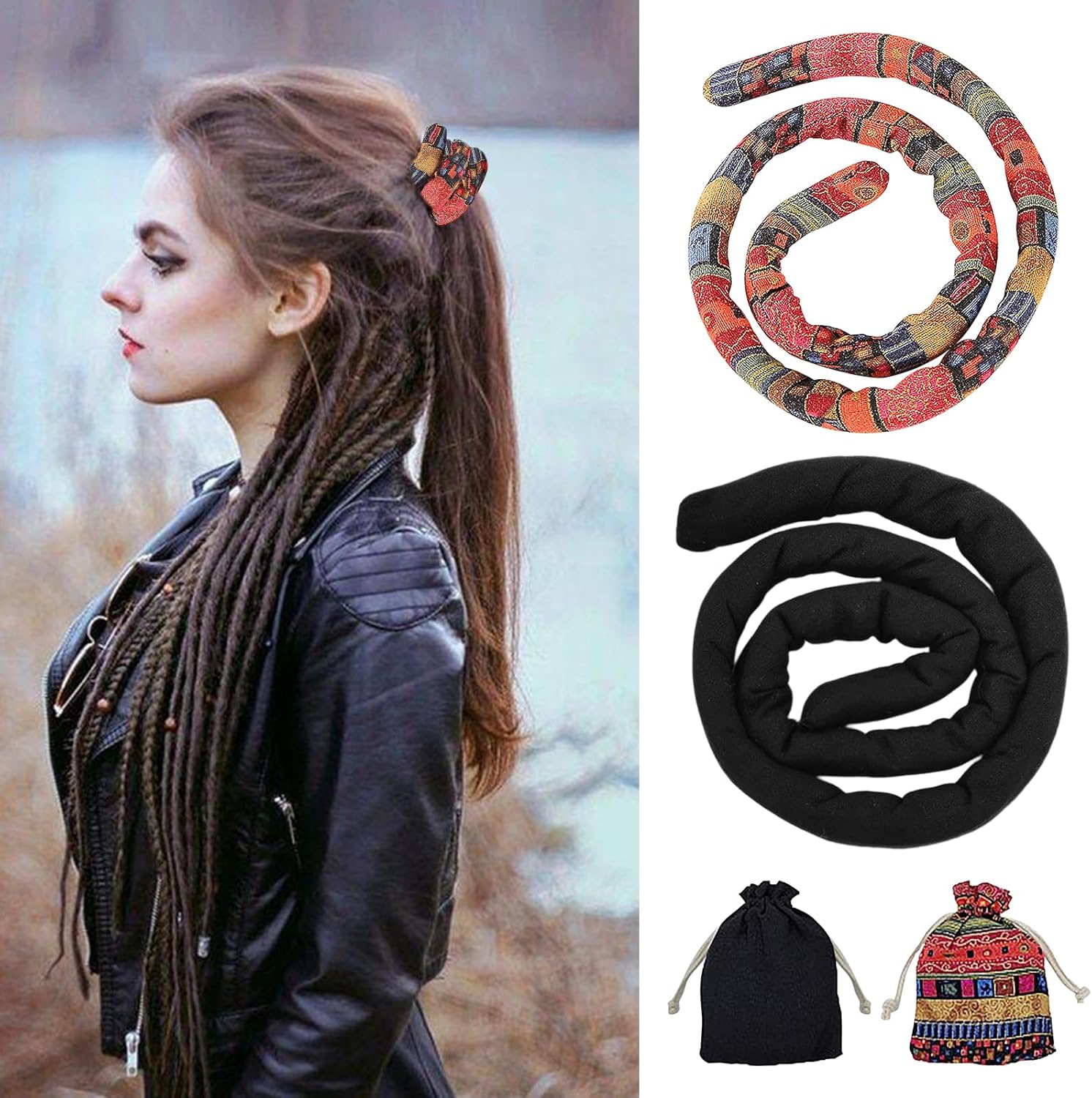 Pack of 2 Spiral Lock Hair Bands Dreadlock Accessories Dreadlock Hair Scrunchie Spiral Fabric Dreadlock for Women and Men Ponytail Holder Colourful Bendable Hair Ties Long Dreads Thick Curly Hair image number 2
