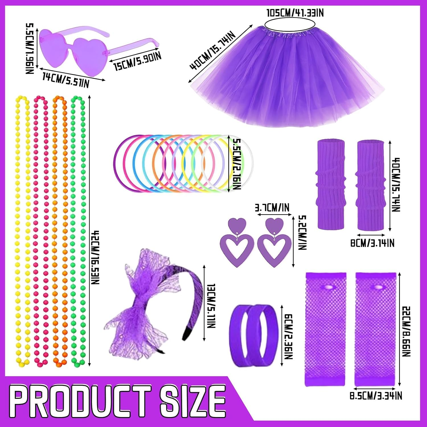 80S Party Decoration Costume Set, 80S Fancy Dress for Women with Leg Warmers,Sunglasses, Tutu Skirt, Earrings, Fishnet Gloves, Necklace, Party Costume Accessories Set for Retro Theme Party image number 2