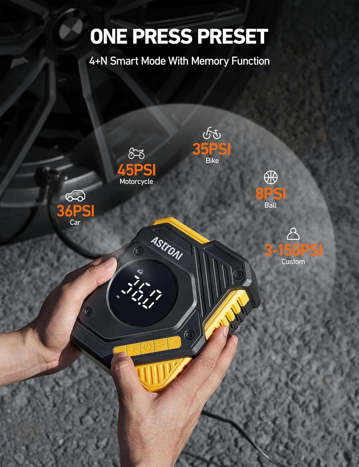 Astroai Car Tyre Inflator Air Compressor 12V DC, 150 PSI Digital Tyre Pump with Pressure Gauge, Large LCD Display, Smart Preset & Auto Stop, for Car, Motorcycle, Bike Tyres image number 3