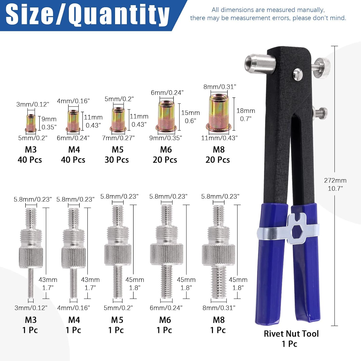 Glarks 156Pcs Rivet Nut Tool with Mandrel and Rivet Nut Kit, Threaded Insert Hand Riveter Nutsert Tool Rivet Gun with 5Pcs Metric Mandrels and 150Pcs Blind Rivet Nuts M3 M4 M5 M6 M8 image number 6