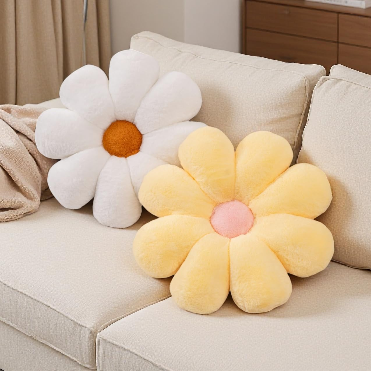 2 Pcs Flower Pillow Floor Cushion Decorative Throw Pillows Cute Aesthetic Pillows Cushions for Bedroom Preppy Room Bed Sofa Chair Decor (Yellow & White) image number 6