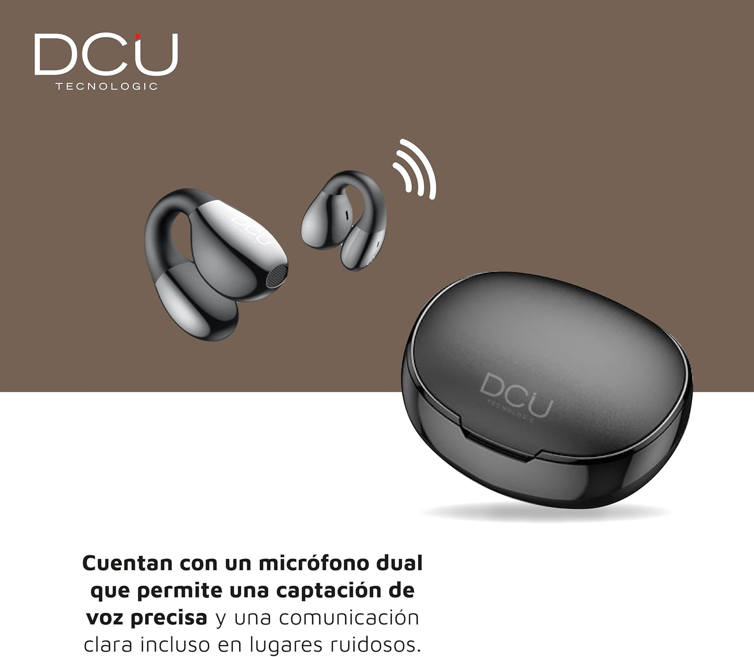 DCU TECNOLOGIC - Bluetooth 5.3 Clip Buds Headphones - Wireless - Multi-Point Connection - 7 Hours of Continuous Use Time (Single Charge) over 30 Hours with Charging Case. Colour: Black image number 2