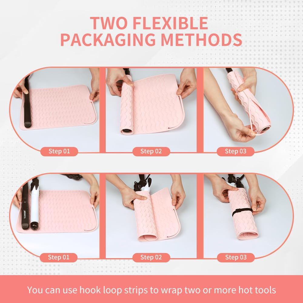 Oversize Large Silicone Heat Resistant Mat, 13.19" X 10.24" Professional Heat Mat for Curling Iron, Portable Vanity Decor Makeup Mat with Velcro Cover for Travel Vanity Salon (Pink) image number 2