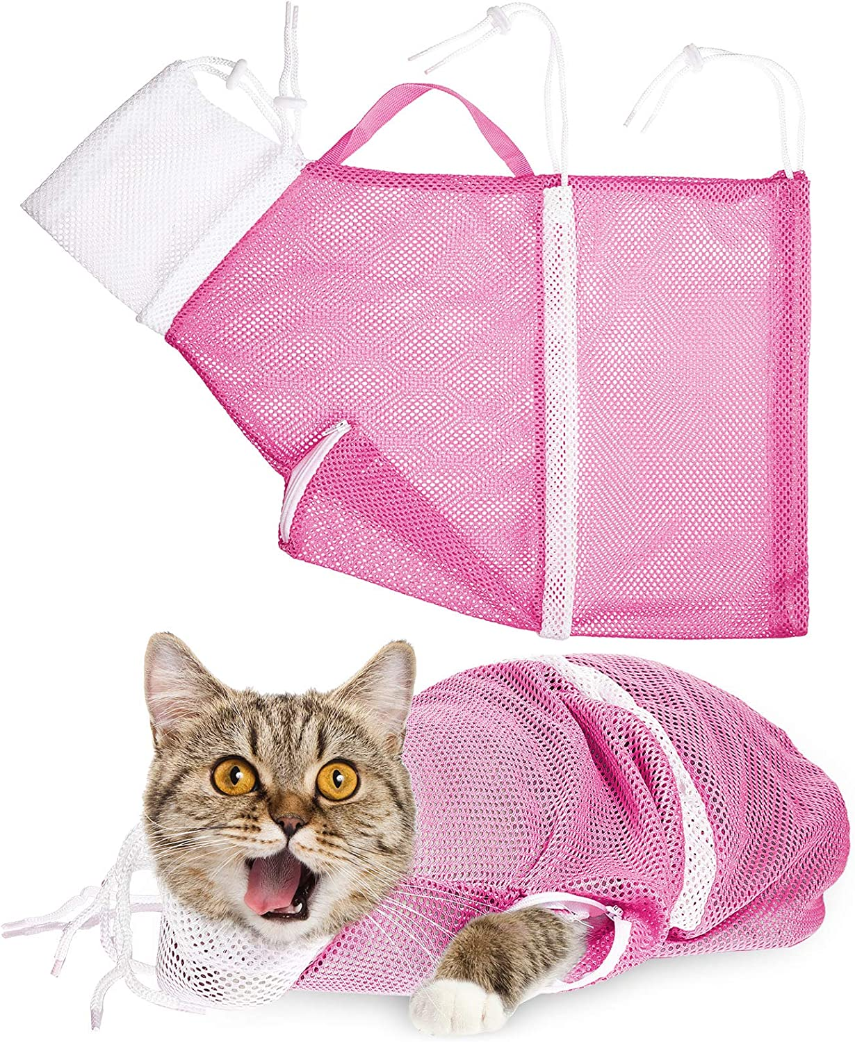 Cat Shower Net Bag Grooming Bathing Adjustable Washing Bag Multifunctional Cat Restraint Accessories Prevent Biting Scratching, Nail Trimming, Ears Clean, Keeping Calm(Pink)