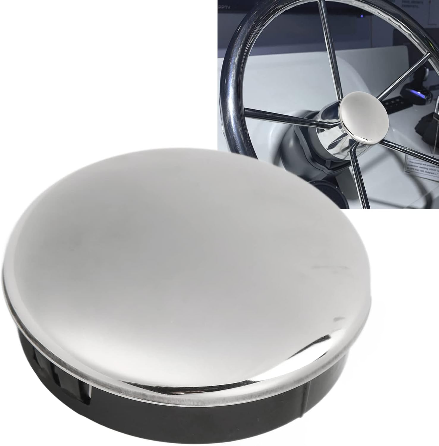 Ejoyous 2.5 Inch (6.35Cm) Boat Steering Wheel Center Cap, 316 Stainless Steel, ABS Material Snap-In Quick Installation, for Yacht Steering Wheels Enhances Grip Safety Durable image number 1