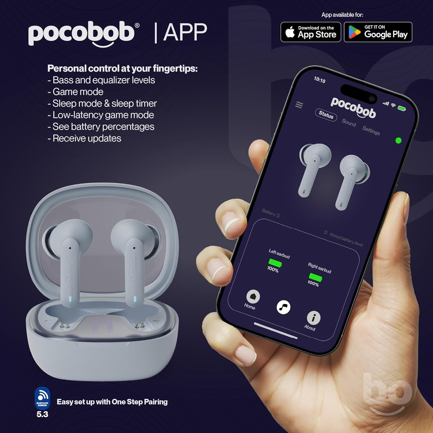 Pocobob 8 Bluetooth 5.3 In-Ear Headphones with Microphone, ENC, App Control, 32 Hours Battery, Touch, USB-C, IPX4 Water Protection, True Wireless Earbuds, Light Blue image number 5