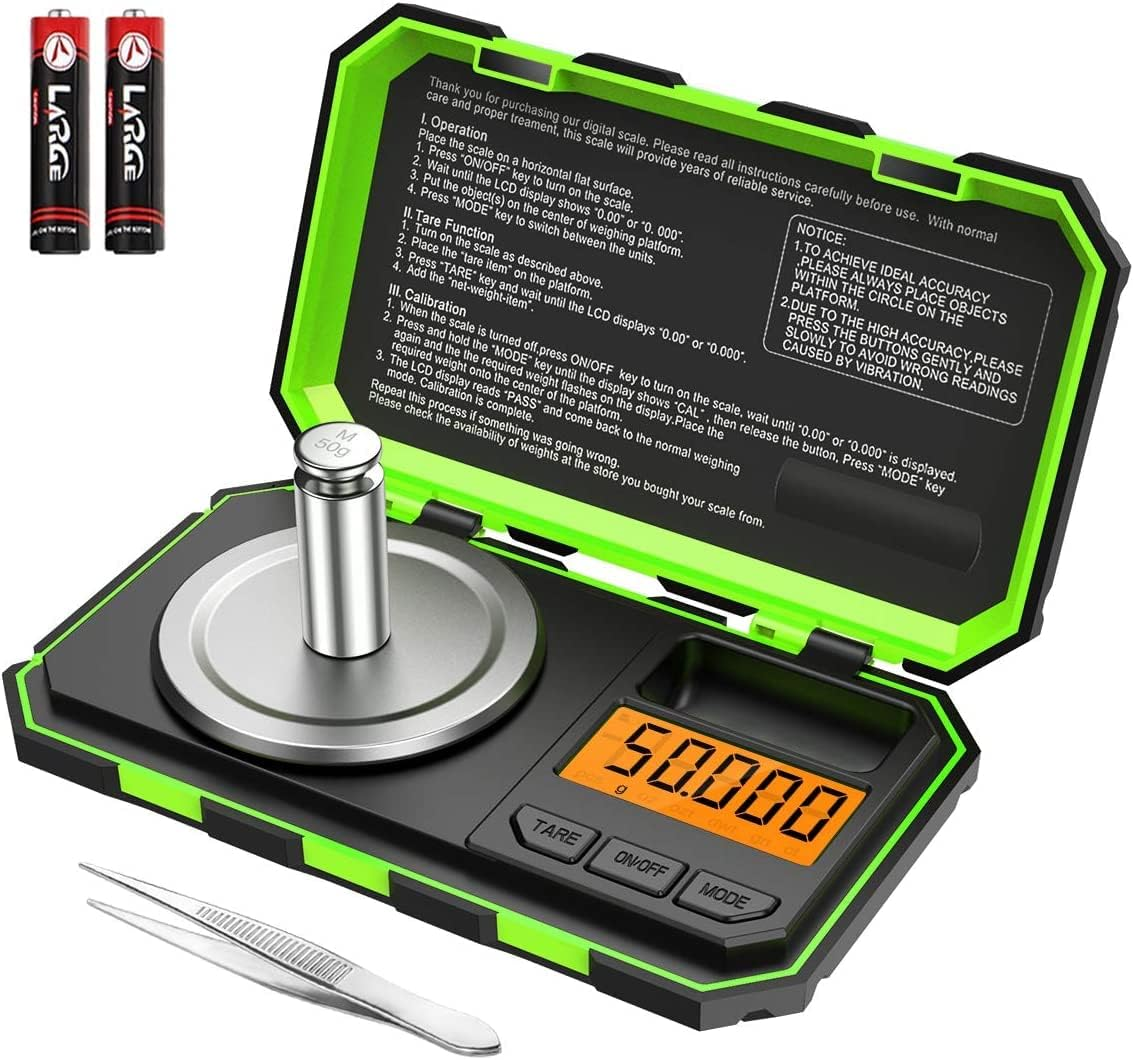 AMIR Digital Milligram Scale, 50G Max High Precision Pocket Sized Jewelry Scale, Electronic Smart Scale with 50G Calibration Weight (Battery/Tweezers Included, Green) image number 4