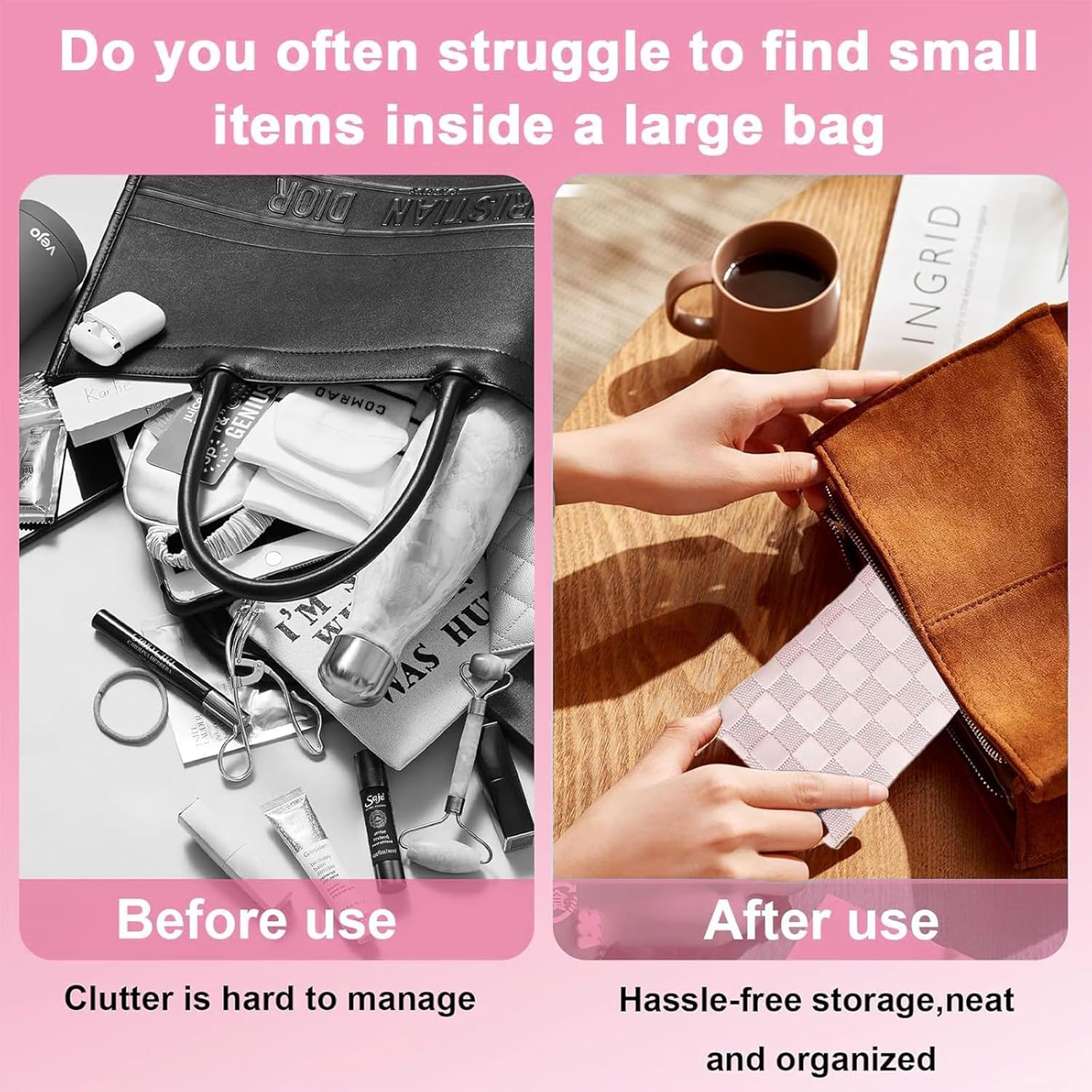 4PCS Mini Makeup Bags for Purse &ndash; Small Leather Cosmetic & Lipstick Pouches Waterproof Travel Organizer for Women (White & Pink) image number 6