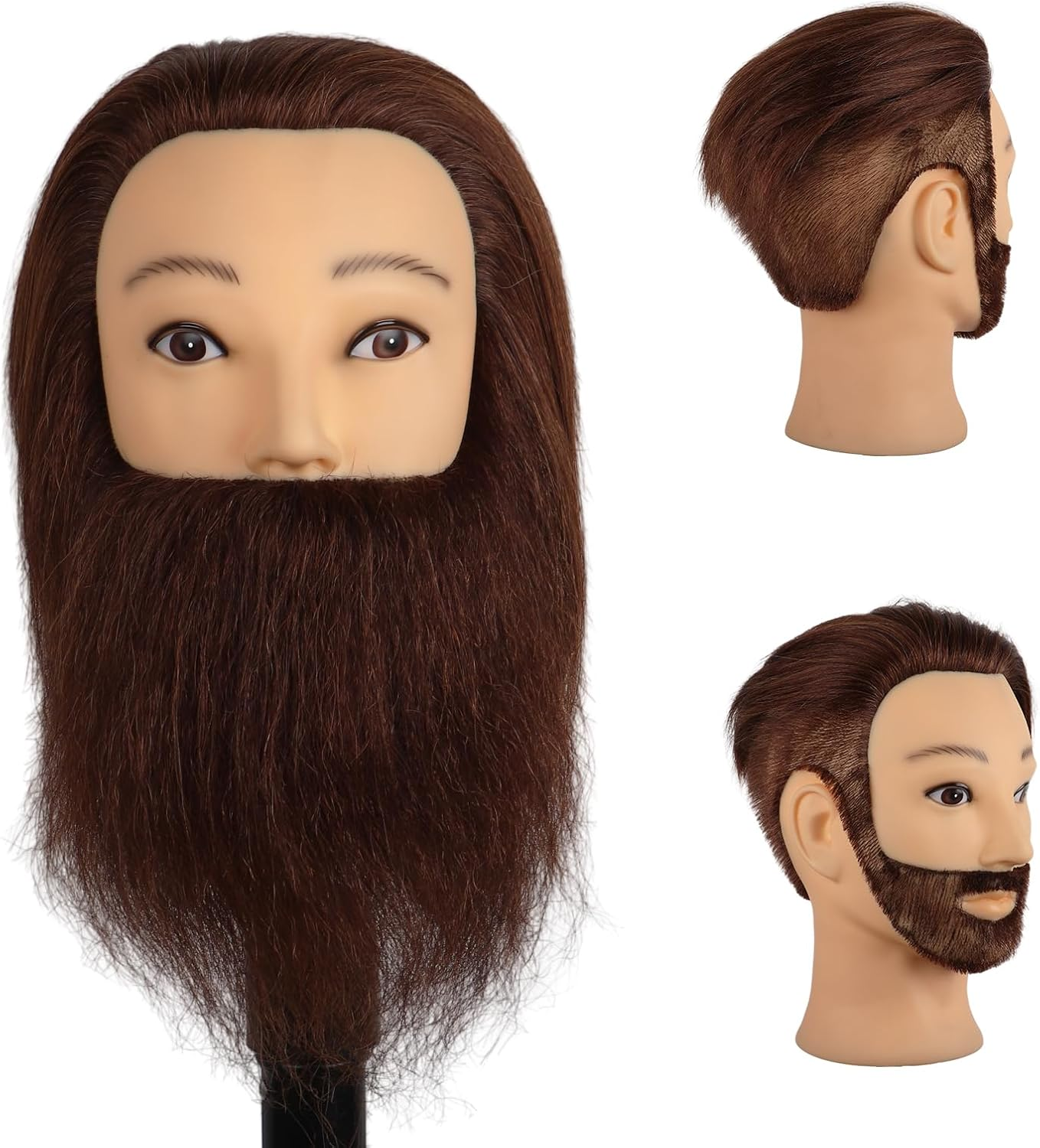 Daizysight Barber Mannequin Head Male with 100% Human Hair, Male Haircut Practicing Head with Beard & Thick Hair, Hairdresser Manikin Doll Head for Training Hair Styling (Brown, 12 Inches) image number 3