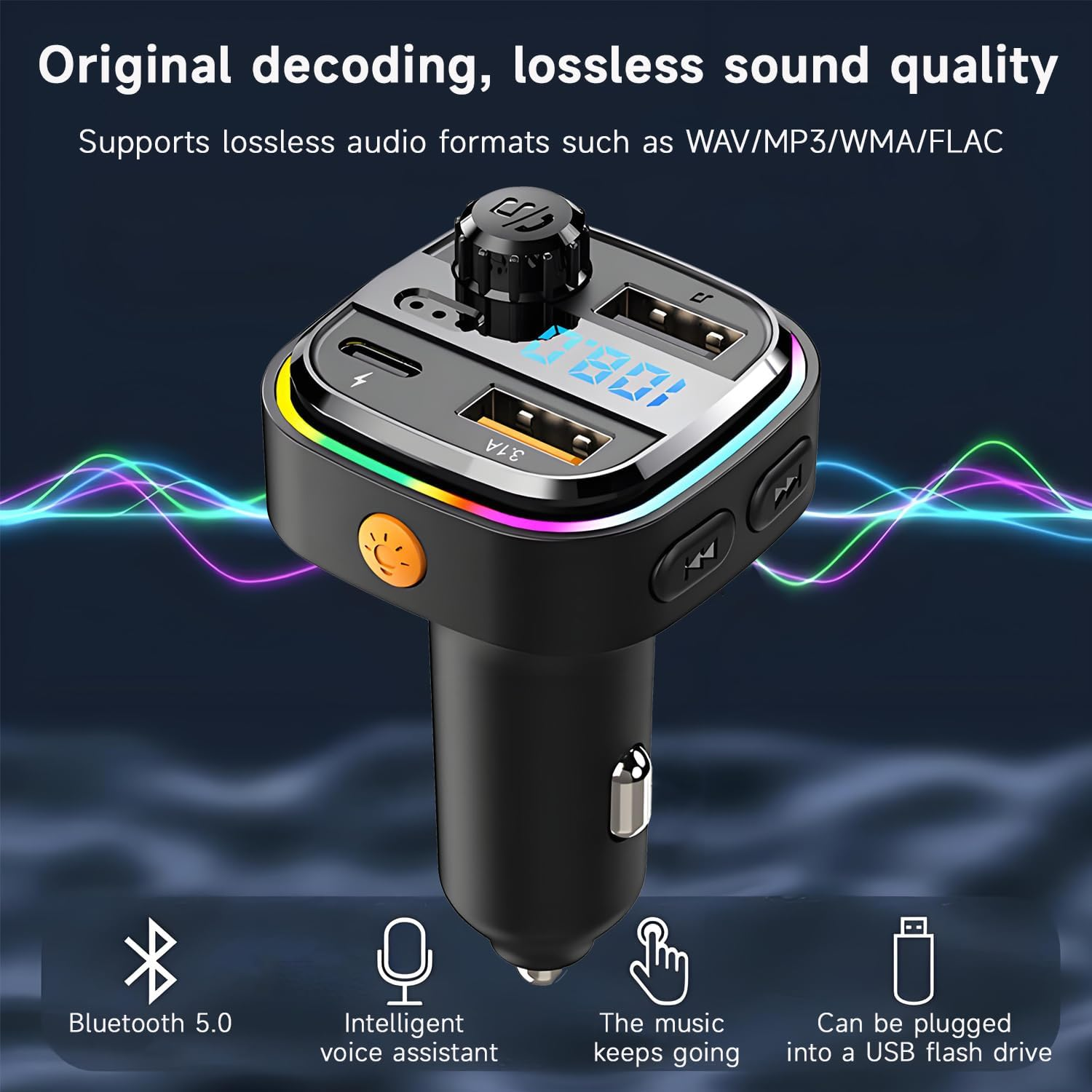 QUMOX Bluetooth FM Transmitter for Car, C26 Model, Hands-Free Calling, USB-C Fast Charging, 7-Color Ambient Light, Support MP3/WAV/FLAC, Dual USB Ports, Compatible with 12V&ndash;24V Vehicles image number 4