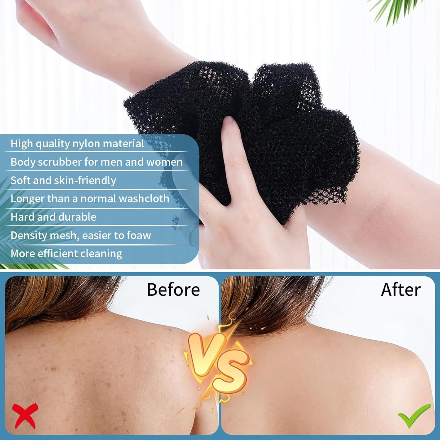 3 Pieces African Bath Sponge, Long Exfoliating Shower African Net, Body Back Scrubber Bath Scrubber Sponge for Skin Smoother, Exfoliating Bathing African Net Great for Men Women Daily Use (BK)