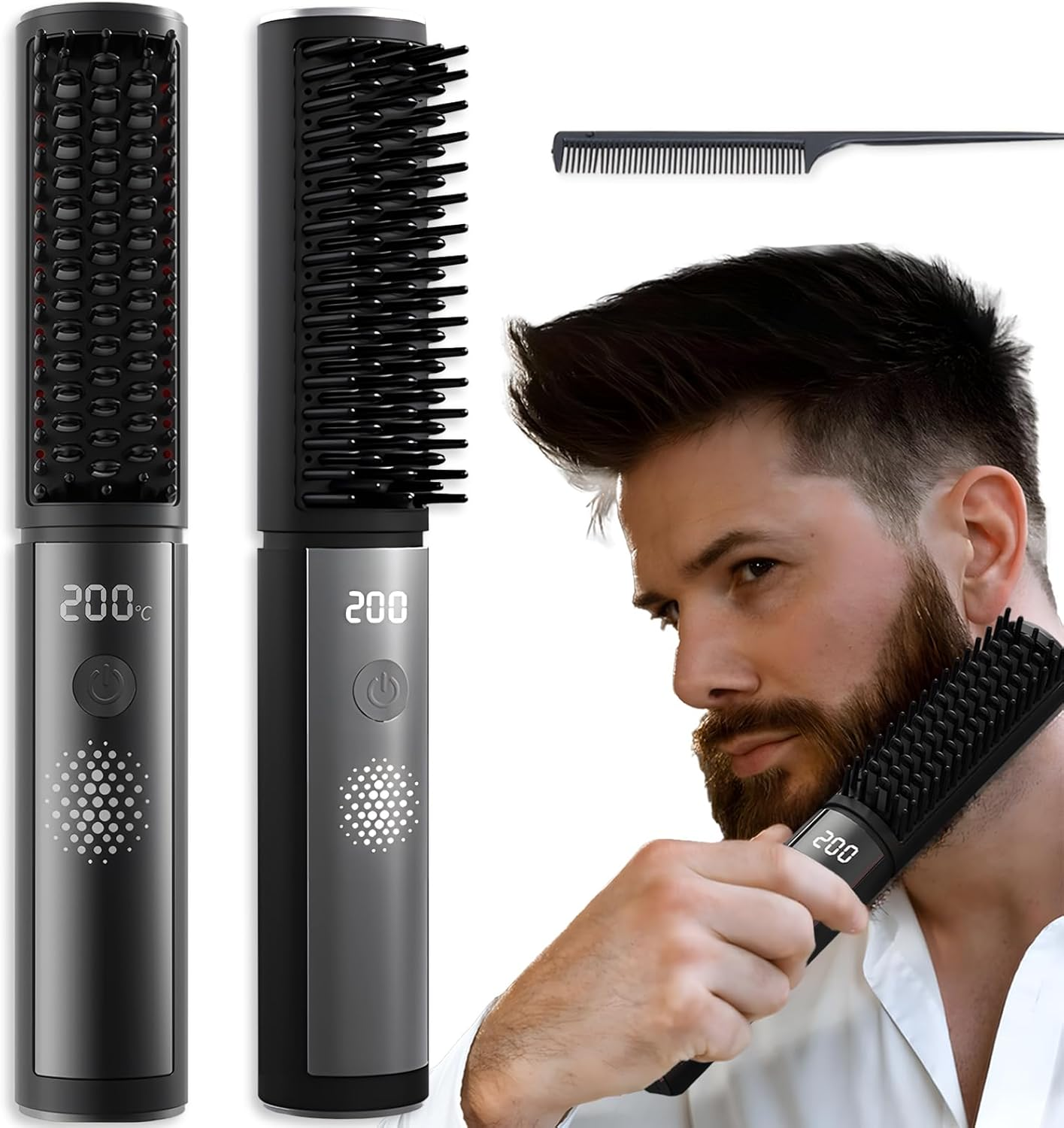 Beard Straightener for Men, Portable Cordless Heated Hair & Beard Straightening Brush with Anti-Scald & Ionic Technology, 4 Temperature Setting Comb for Home Travel image number 2