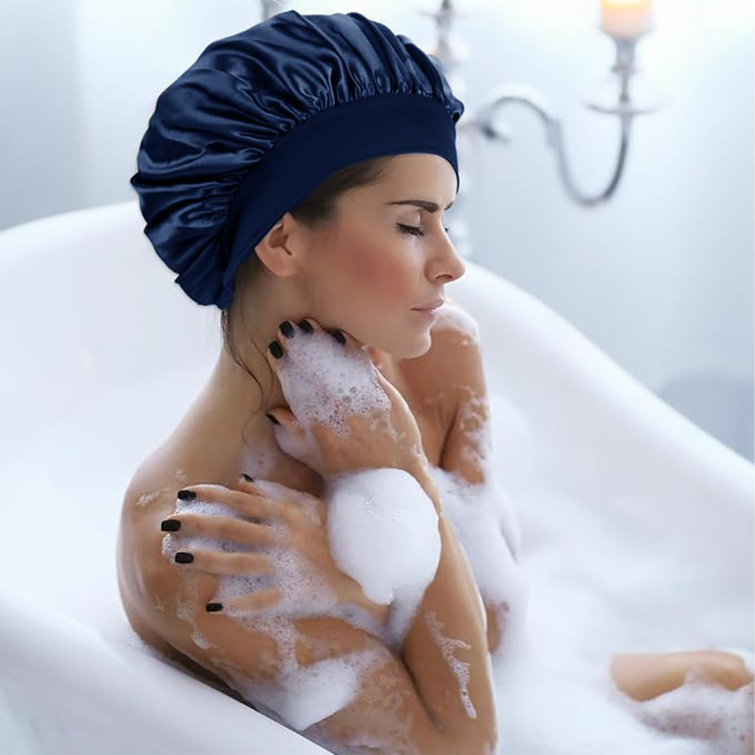 VIVIIHOO Silk Bonnet for Men - Black Satin Silk Bonnet with Adjustable Elastic Band - Soft, Comfortable and Ideal for Sleeping - Large Bonnet for Men and Women (Navy Blue) image number 2