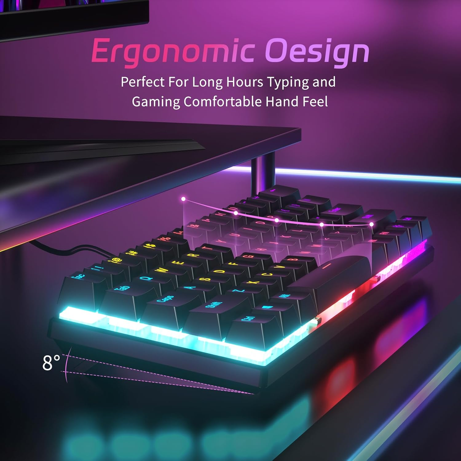 Smliekate 61-Key Mechanical Keyboard, Red Axis Compact Mini Wired Keyboard, 17 Kinds of Colorful Backlight Effect, for PC, Mac E-Sports Portable. (Black) image number 4