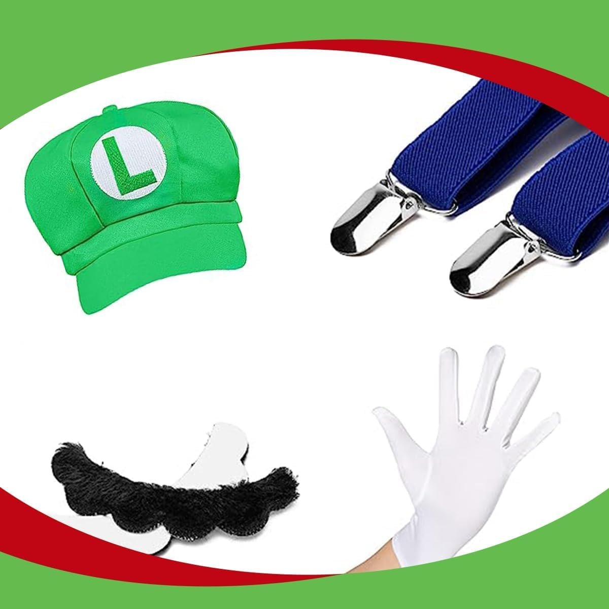 Super Brothers Costume Adult Accessories Set with Cosplay Hat,Gloves,Buttons,Strap,Beard,For Halloween Cosplay - Green image number 6