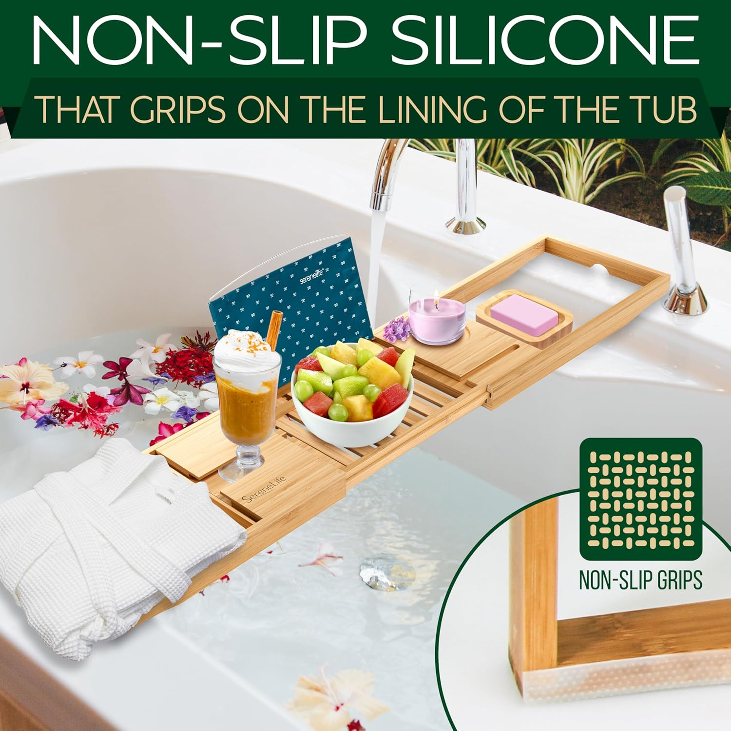 Serenelife Bamboo Bathtub Caddy Tray &ndash; Expandable, Adjustable Bath Shelf with Book/Tablet Holder & Removable Accessory Trays (Natural Finish) image number 2