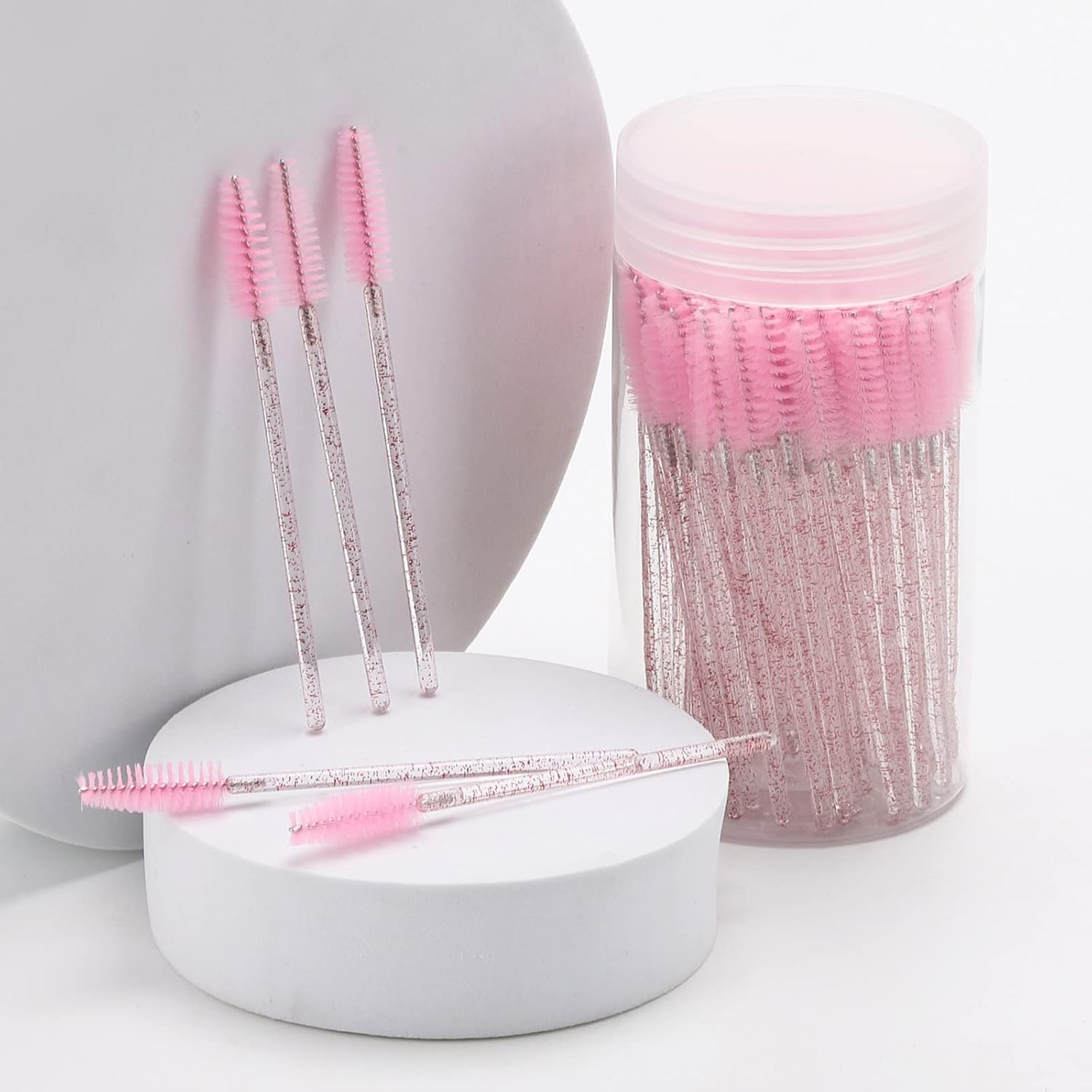 100 Pcs Disposable Mascara Wands, Lash Brushes with Container, Crystal Eyebrow Spoolies Brush for Eyelash Extensions (Pink, Hotpink) image number 6