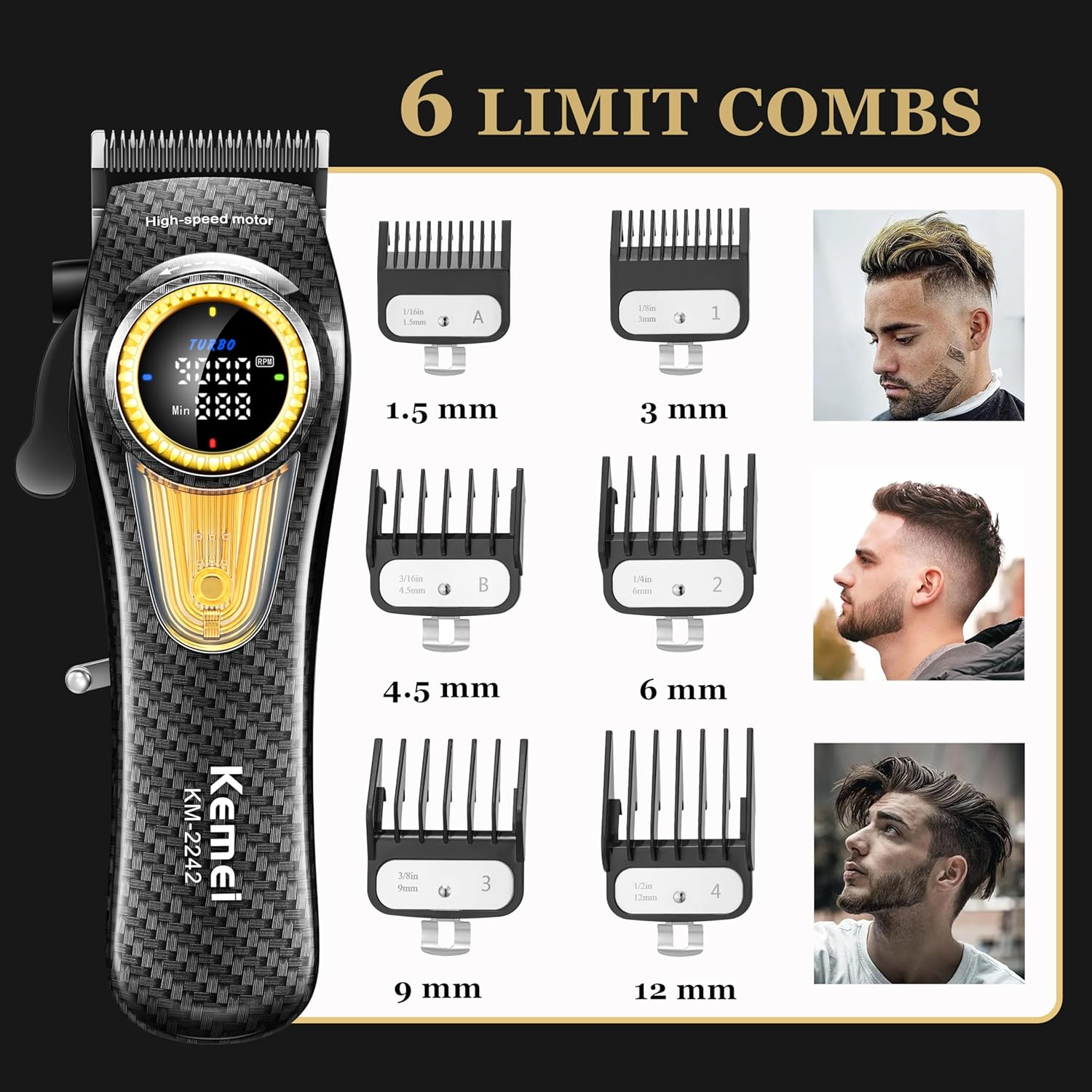 KEMEI 2242 Professional Hair Clippers for Men, Cordless Barber Clipper with LED Display & Charging Base, Hair Cutting Tools, 9000 RPM Super Torque Motor, Black - Blue image number 3