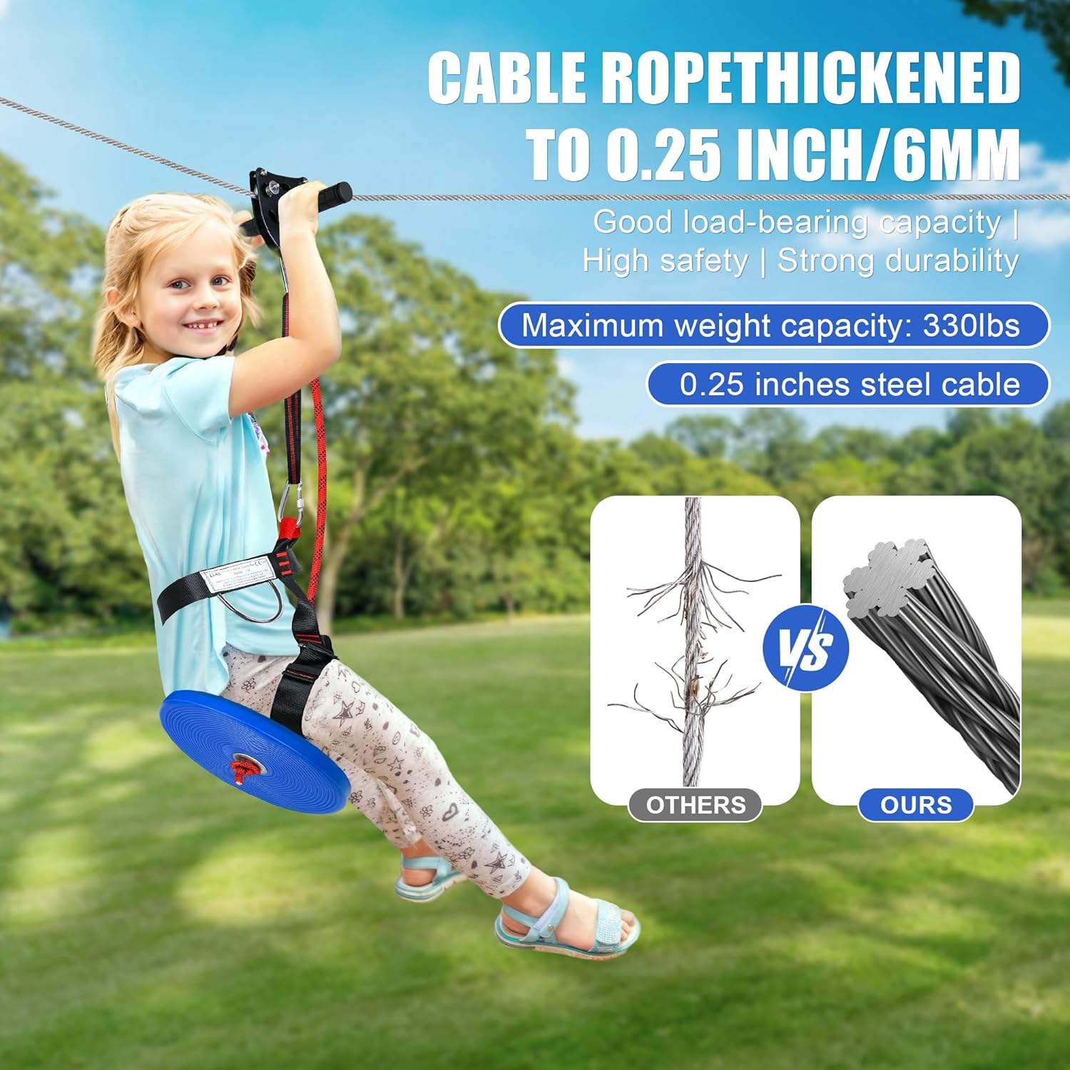 30M Zip Line Kit for Kids Adults.Up To160Kg, Updated Rust Proof Removable Design Trolley and Thickened Seat with Zipline Spring Brake and Safety Harness, Quick Tighten Zipline for Backyard Outdoor image number 3