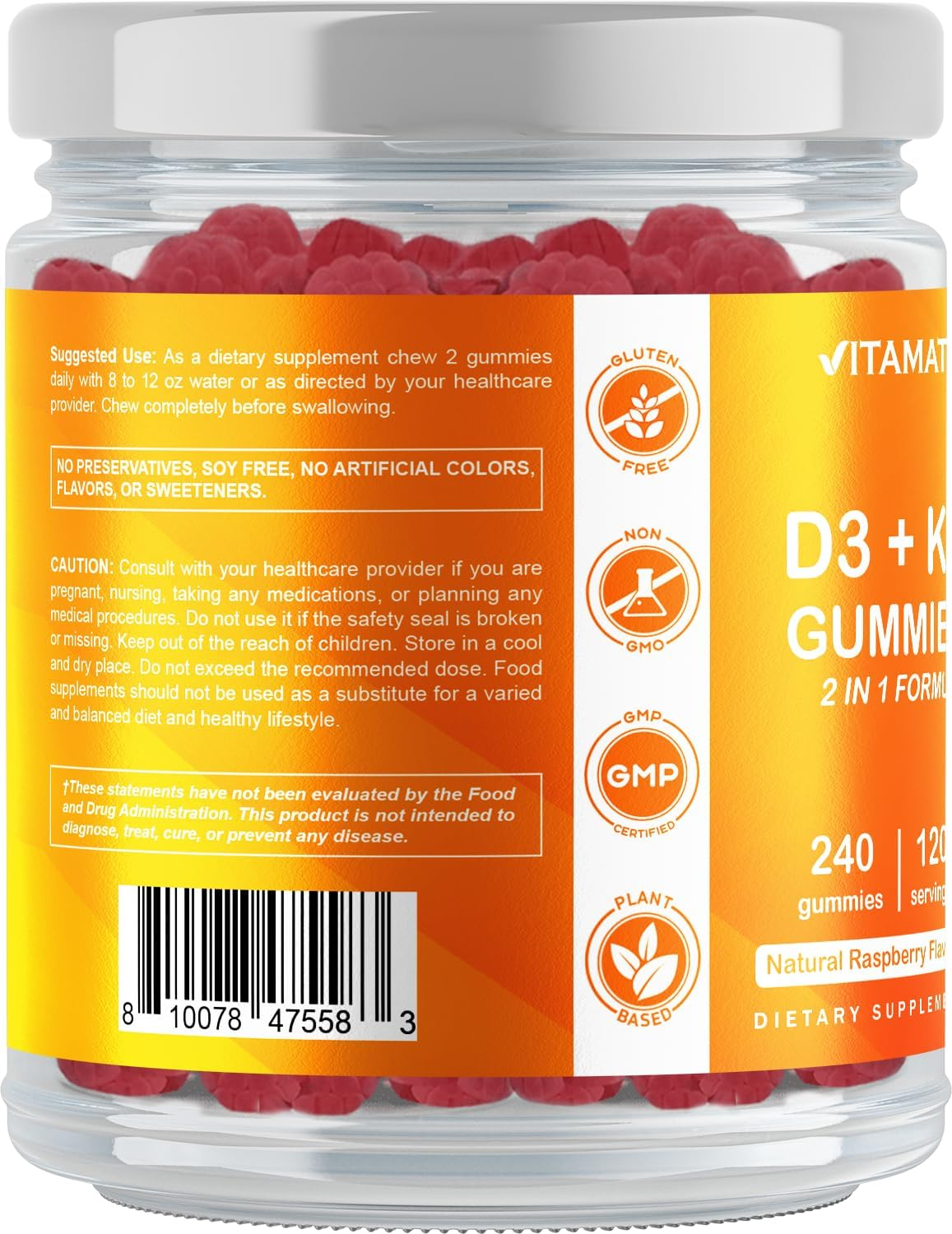 Vitamatic Vitamin D3 K2 with Calcium Gummies - 240 Count - Non-Gmo, Gluten Free image number 6