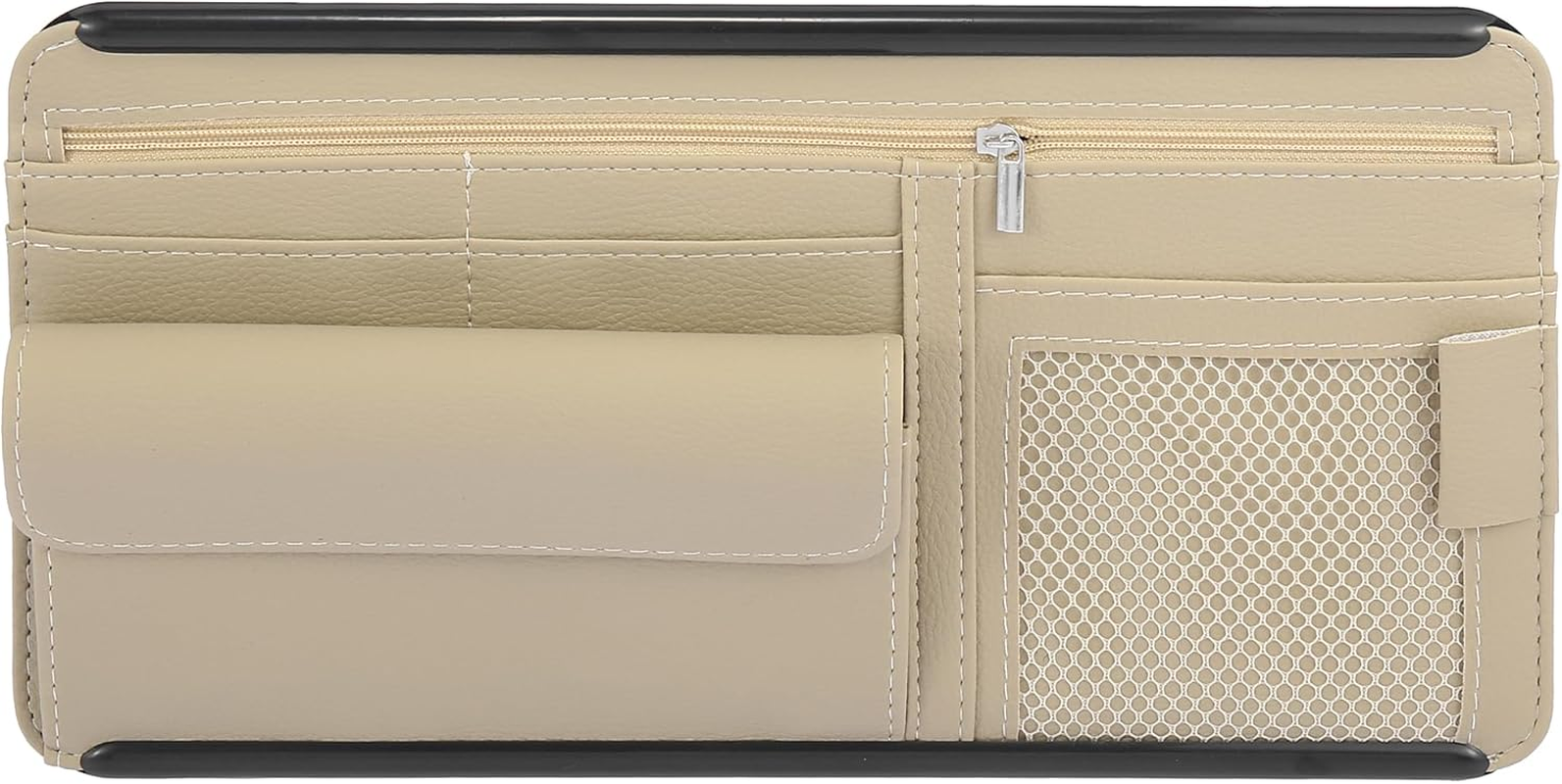 X AUTOHAUX Beige Universal Car Sun Visor Organizer Sunglasses Case Storage Pocket Hook and Loop Tape ABS PU Leather for SUV RV Truck