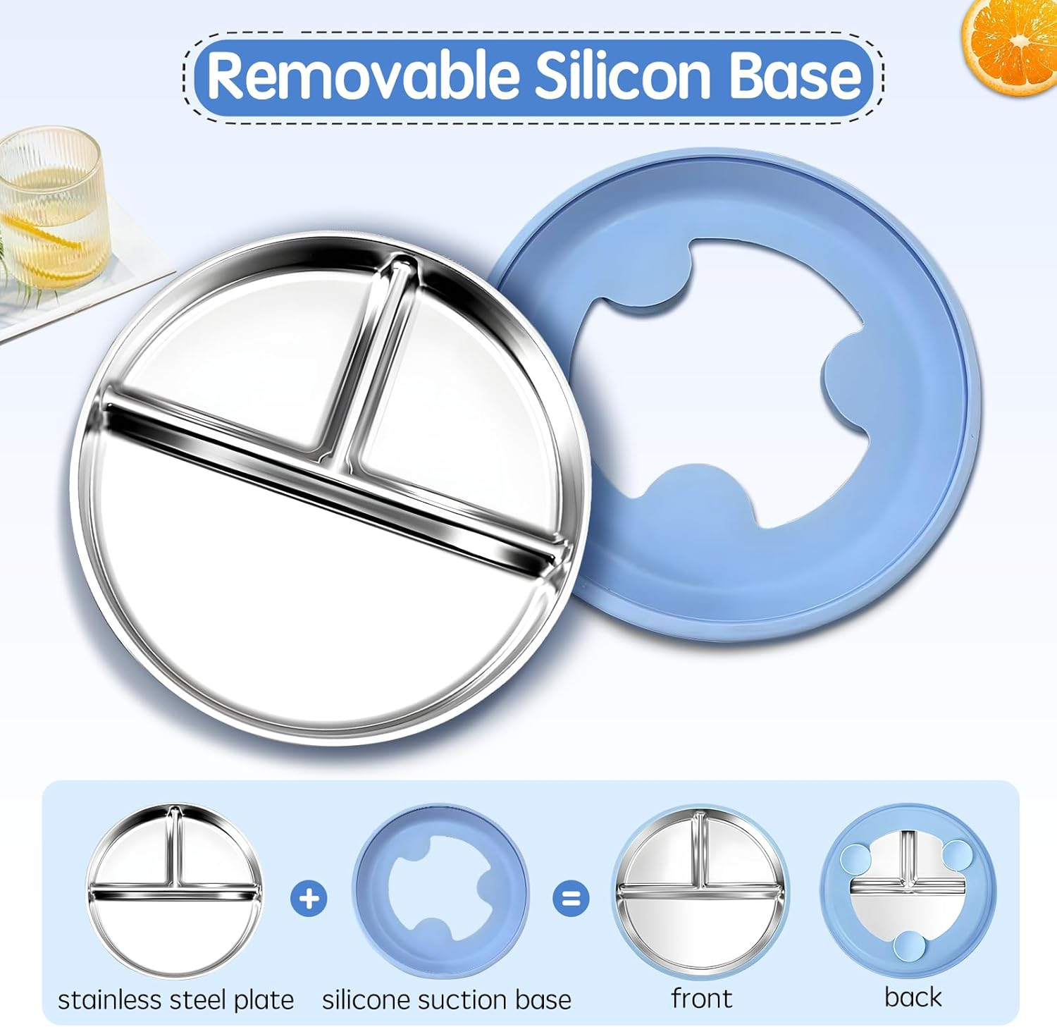 ZCOINS 2 Pack 9" Stainless Steel Plates with Suction, Divided Suction Stainless Steel Plates with Removable Silicone Base, 3 Compartments, Non-Slip Metal Dinner Dishes with Dividers image number 3