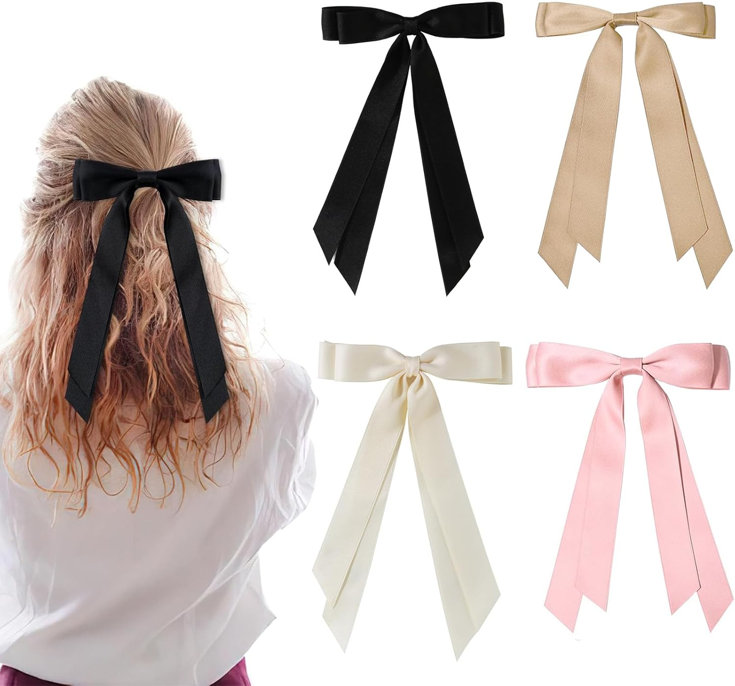 4 Pcs Long Tail Hair Bow Clips for Women, Silky Satin Big Bow Hair Barrettes, Ribbon Bowknot Clips with Tassel Claw, Ponytail Holder Slides Metal Alligator Hair Clips for Hair Accessories, 4 Colors image number 6