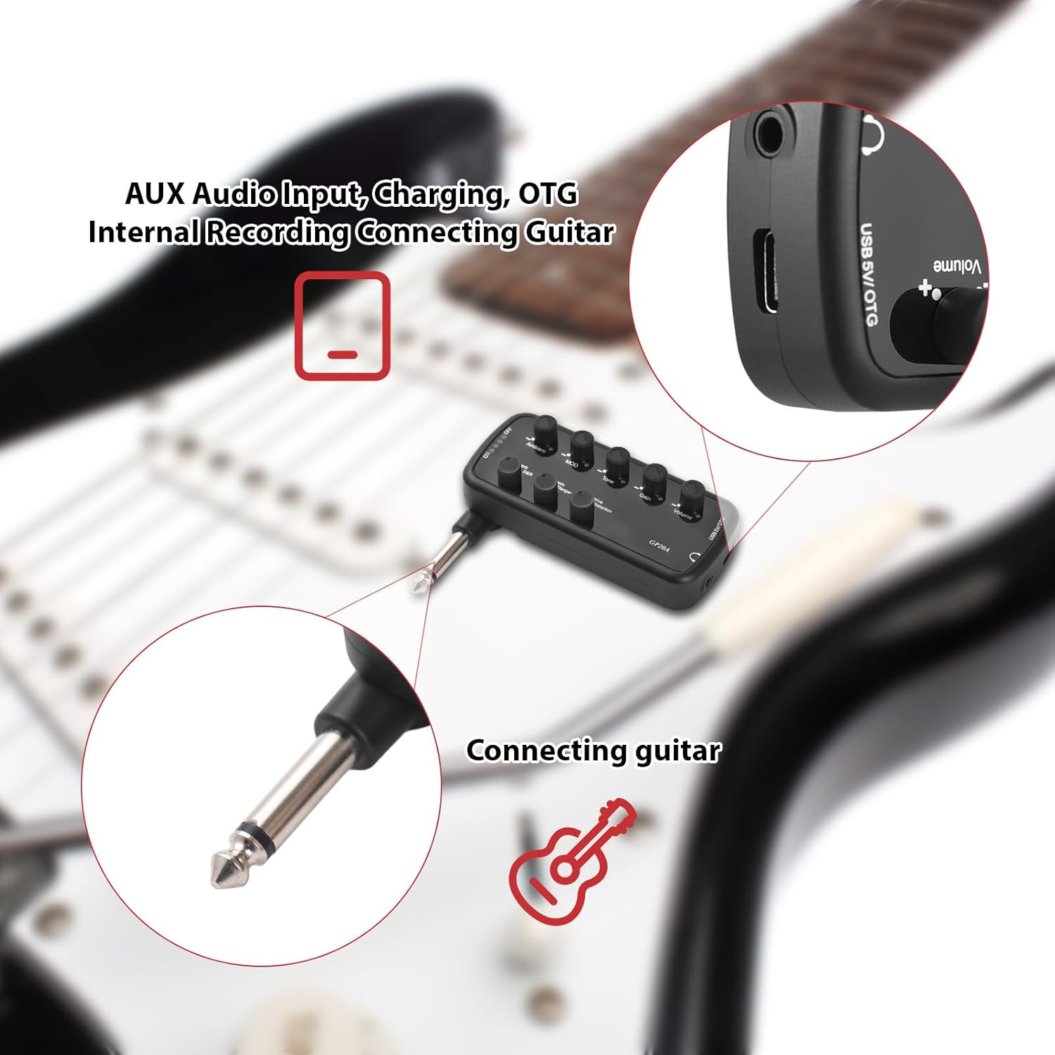 Xinyee Guitar Amplifier Mini Amp Portable Headphone Guitar Amplifier Plug and Play for Electric Guitar Musical Instrument 3 Built-In Speaker Simulations OTG Internal Recording image number 3