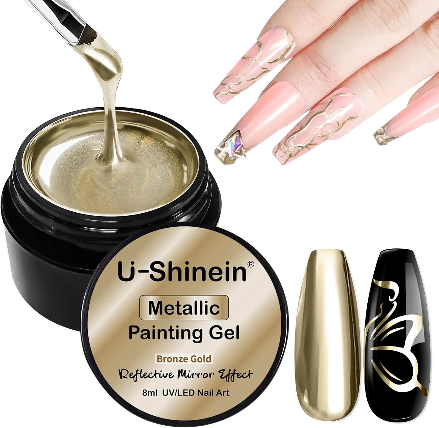 U-Shinein 8Ml Metallic Painting Gel, Silver Painted Nail Polish, 3D Metal Painting Drawing Mirror Nail Gel Polish Glossy (Ultra Mirror Silver)